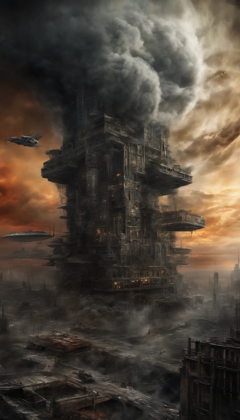 (sci-fi art:1.5), sci-fi postapocalyptic world, (a flying city:1.7), a white flying castle is located on it, (huge mechanisms spew clouds of smoke:1.3), panoramic view, clouds of smoke, storm clouds, (masterpiece), (vivid colors:1.6)