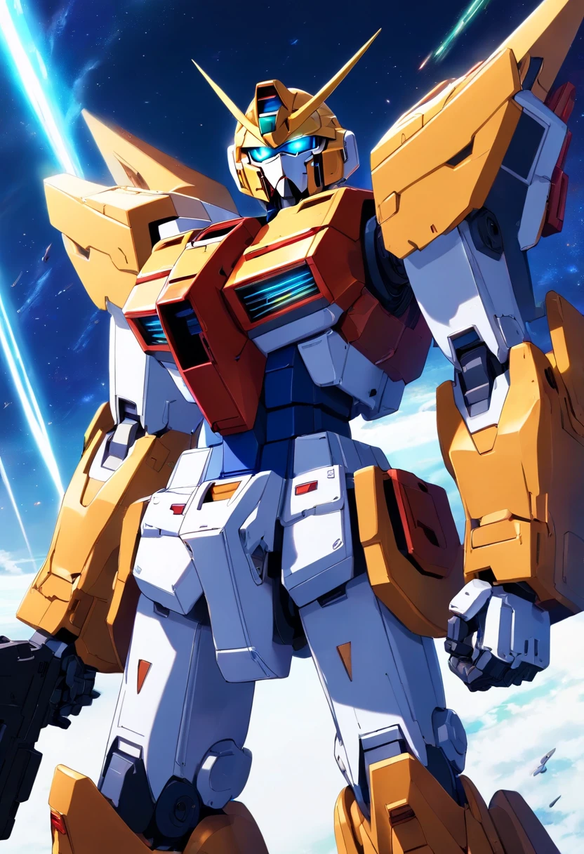 a close up of a robot with a gun in its hand, super robot wars, mobile suit gundam, mobile suit, gundam style, extreme gundam, gundam is windmill shaped, gundam, gundam robot, on a gundam, mecha anime, modern mecha anime, an anime large mecha robot, barbatos gundam, drdisrespect as a gundam, gundam armor