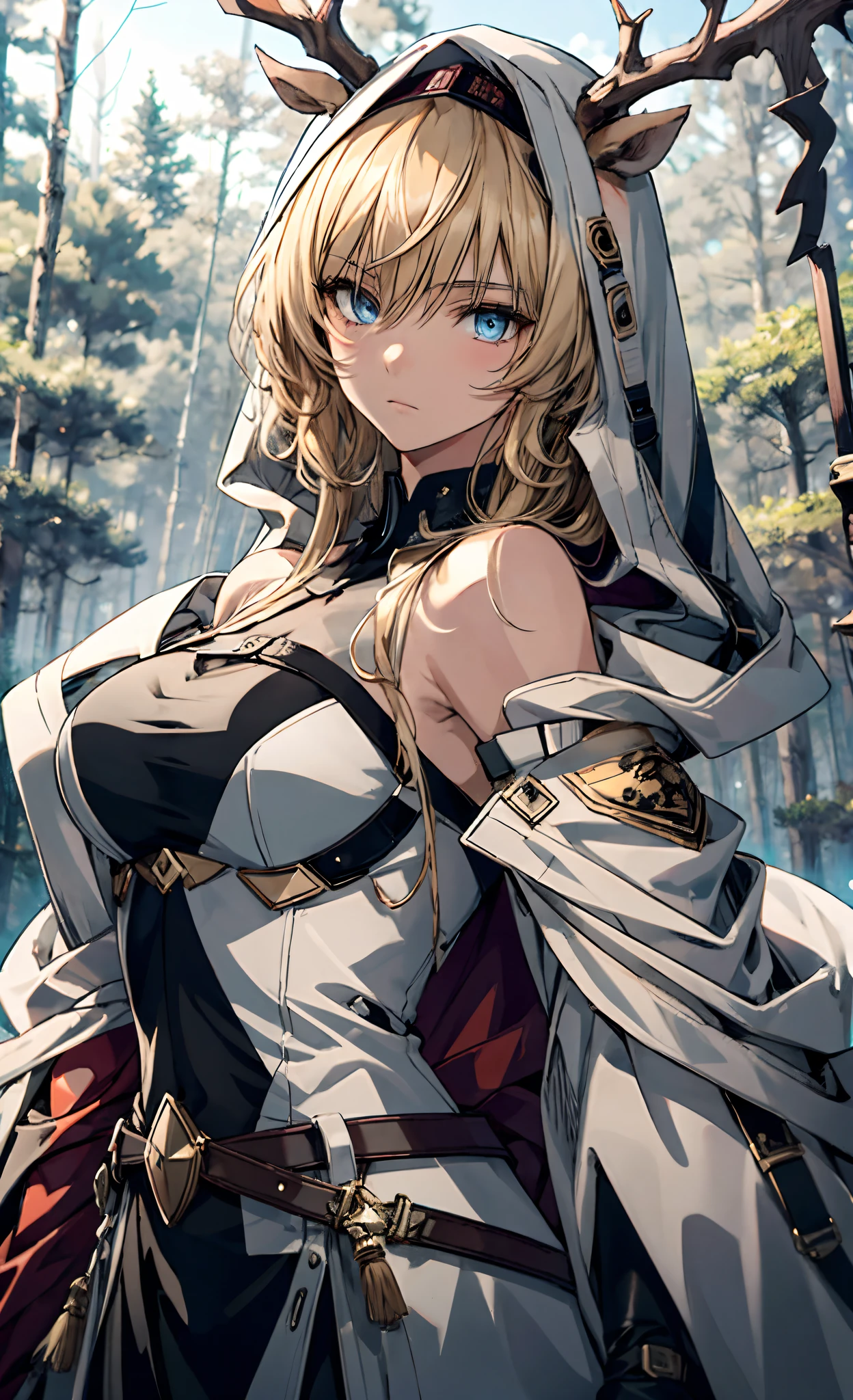 8K, Best quality, Masterpiece, Highly detailed, Half realistic, A girl, A girl, 20 years old, looking over hands, Long dark blond hair,By bangs, Curly hair, Blue eyes, Black Japanese cut clothes, White pants, Bare shoulders, golden detailing, Thin figure, Cold expression, Battle scenes, Outdoors, Forest background, There are a lot of trees and dark sky