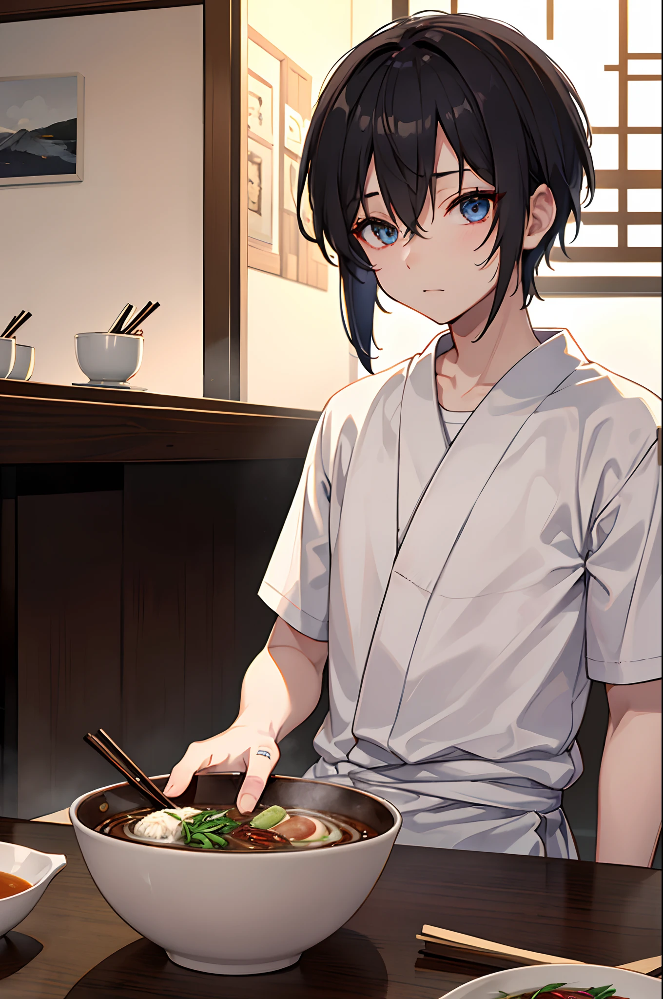 twinks male people short dark hair Eat soba at a soba restaurant Chopsticks in the right hand Hold the bowl with your left hand masterpiece Top image quality Darken shading(light) Clear cinematic shadow Increased attractiveness of the eyes {Perfect face} Clear the shine of the eyes Draw eyelashes neatly