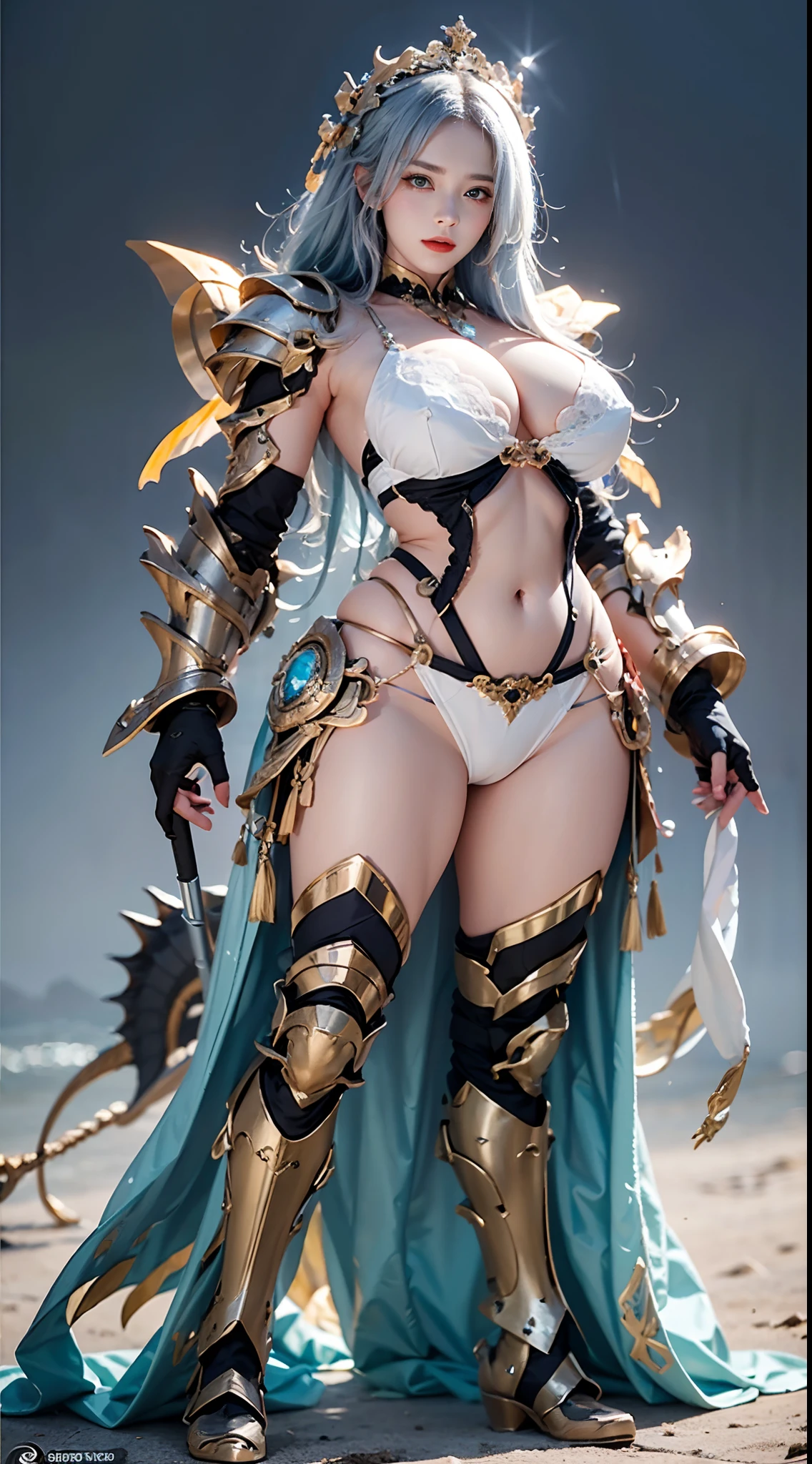 Silver Dragon Queen, Hand-held dragon spearman pose,huge boob, Mecha heavy armor, cleanness,transparent,hyaline, standing, Transparent,cleanness, (musculous:1.4), (Naked of breast:1.9),Exposes most of the breasts,muscle abs,(Lace),(Wear only light yarn)
