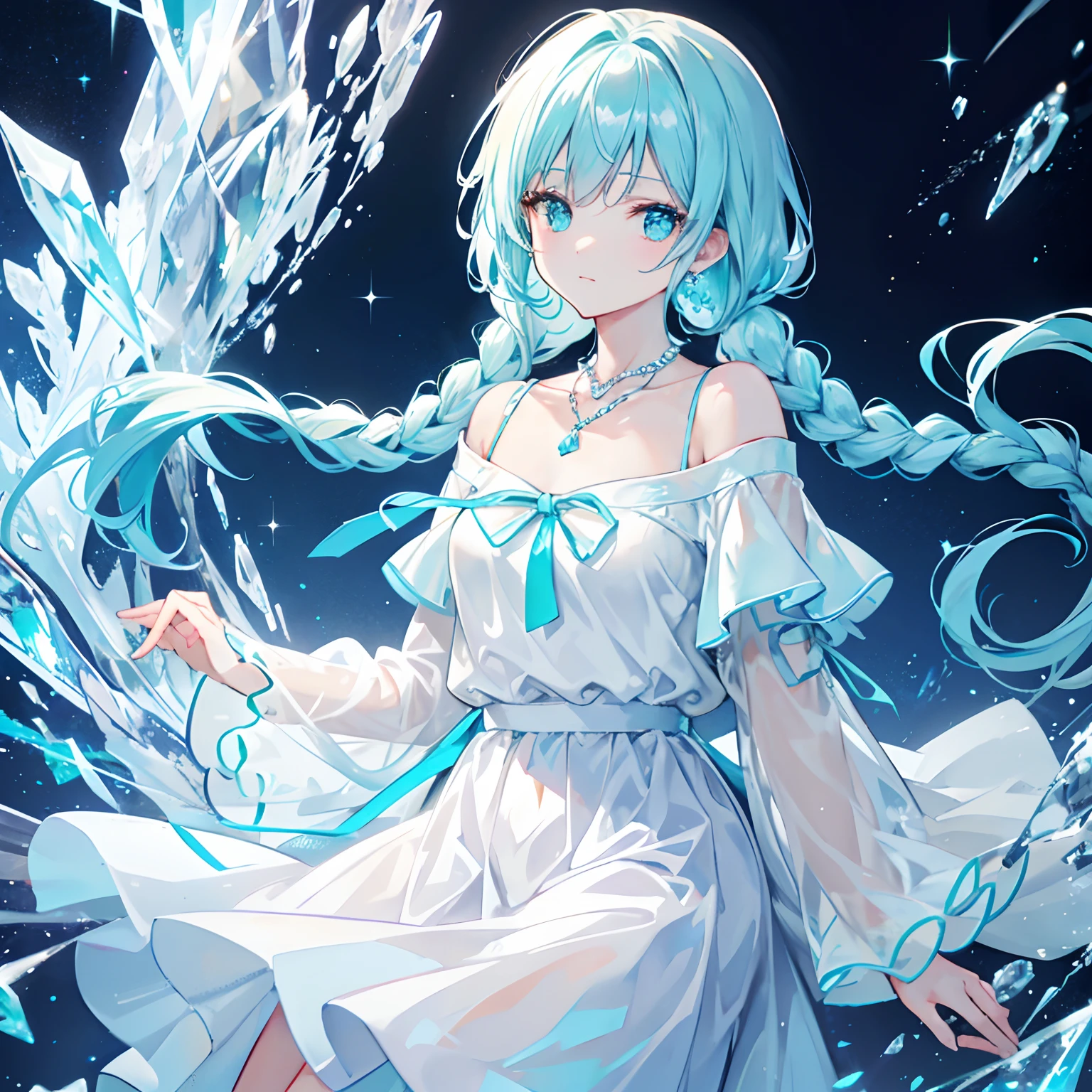 With braids,A shiny one, Moist and crystal clear face,It has a lovely feel,Light cyan and light yellow color scheme,Wear an off-the-shoulder T-shirt in a simple solid color,Around his neck hangs a crystal clear silver necklace
