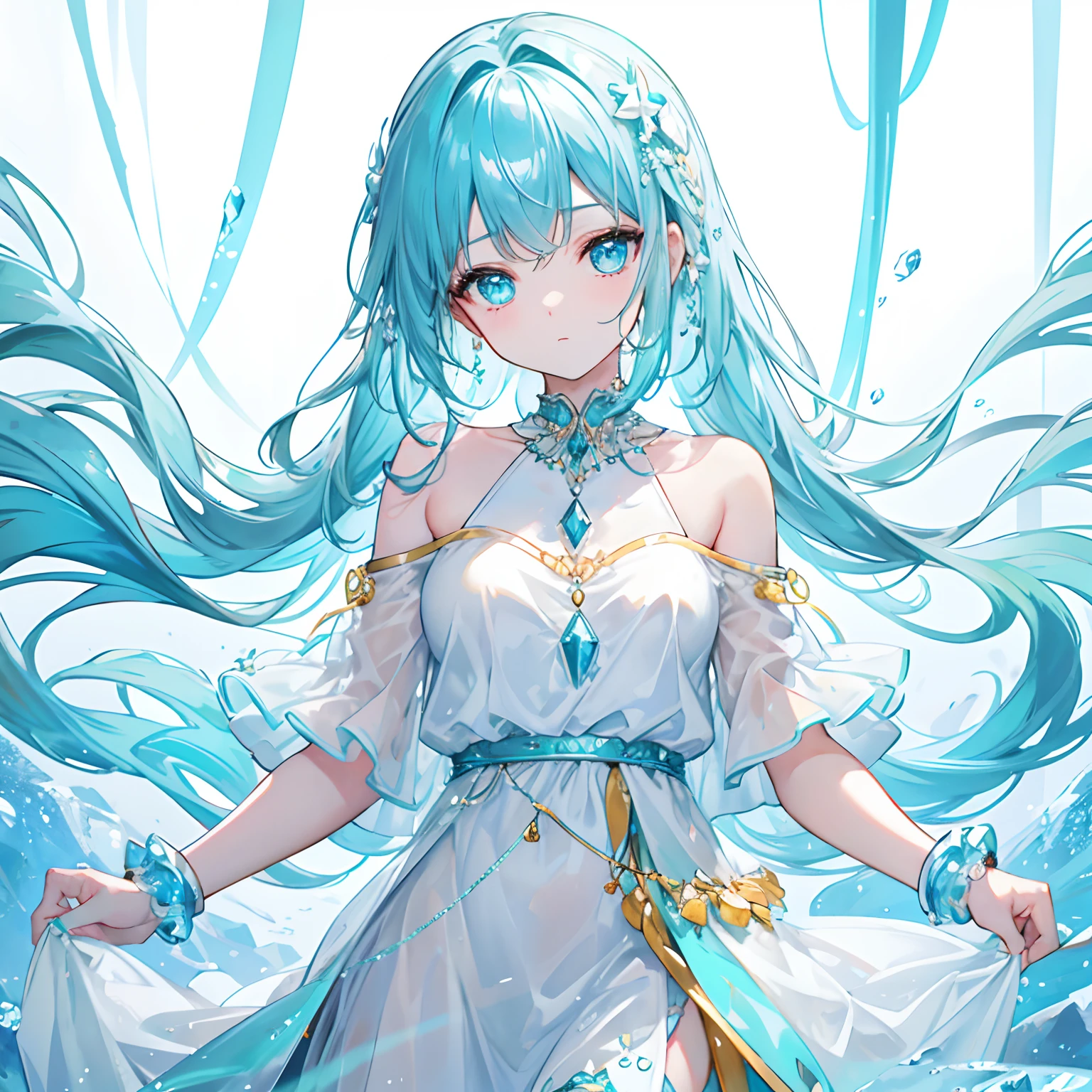 With braids,A shiny one, Moist and crystal clear face,It has a lovely feel,Light cyan and light yellow color scheme,Wear an off-the-shoulder T-shirt in a simple solid color,Around his neck hangs a crystal clear silver necklace