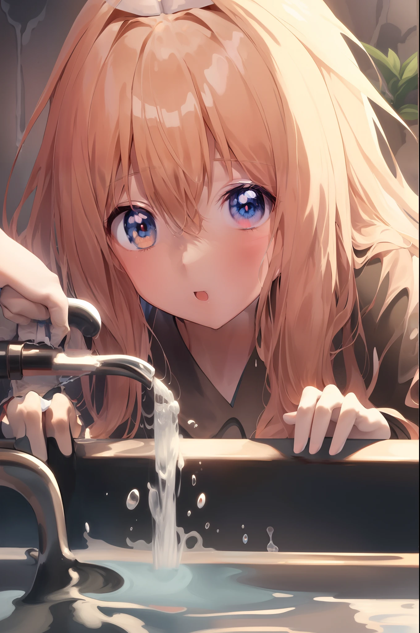 anime girl with long blonde hair looking at water coming out of a faucet, clean detailed anime art, splash art anime ****, anime visual of a cute girl, cute anime girl, anime style 4 k, extremely cute anime girl face, 4k anime wallpaper, clean anime art, 4 k manga wallpaper, detailed digital anime art, anime art wallpaper 4 k