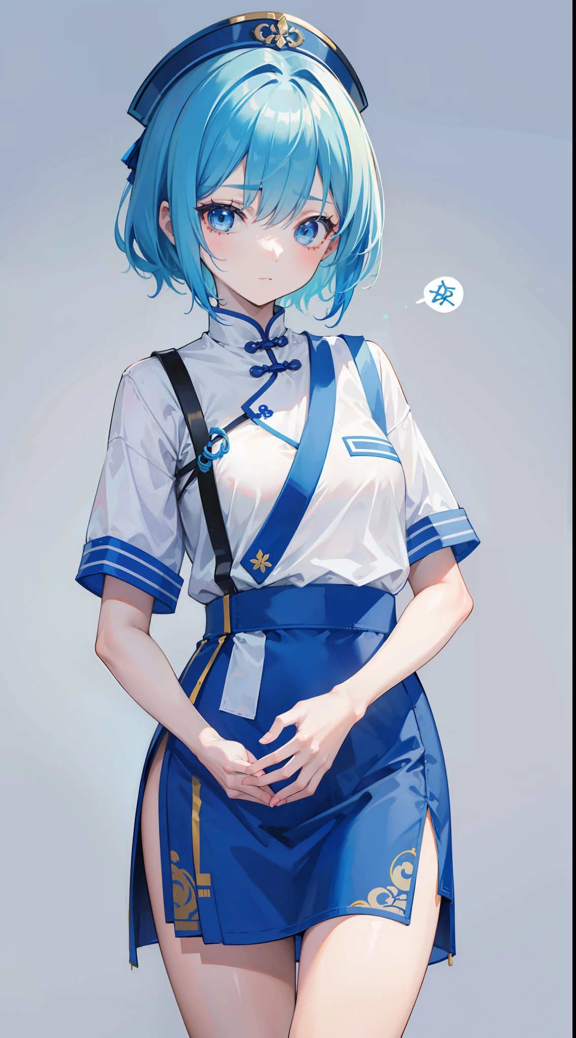 NSFW woman with short fluorescent blue hair,petty face,Wearing a light blue student uniform of the contemporary Chinese era, he is loose and simple,A very delicate and cute sweet girl