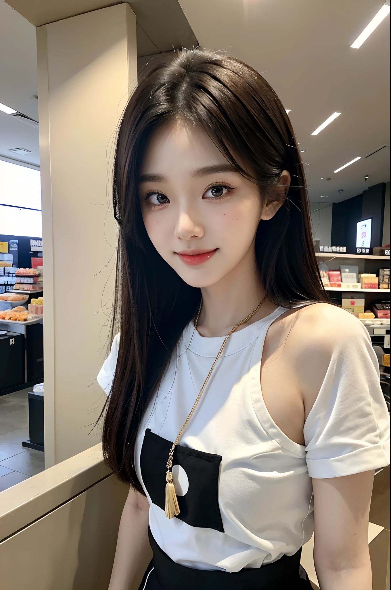 masterpiece、top-quality)、1 beutiful girl、Slim body、((Black and white plain clothes:1.1))、(Detailed beautiful eyes)、Walk around the store、((Boyish Brown Medium Hair))、((Smaller face))、((Neutral face))、((Face seen from the side))、((Light brown eyes))、((Korean Girl))、((18year old))、((cool lady))、((A shy smile on his face))、((Korean Makeup))、((elongated and sharp eyes))、((Happy dating))、((looking distantly))、((boyish))、((Shot from the same height as your face))、((Shorter than viewer))、((She is running ahead of the viewer))、((Embarrassing to watch viewers))