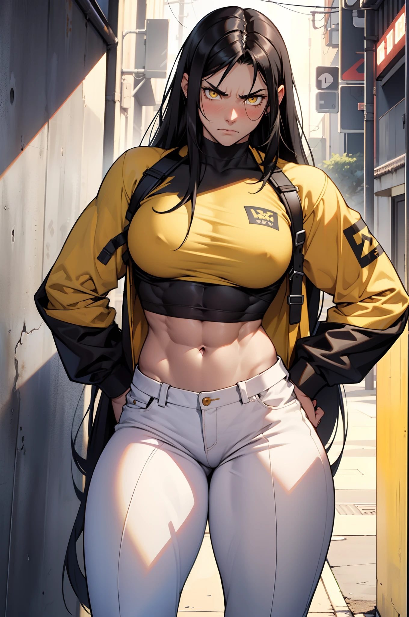 1girl, extremely long hair, solo, ((muscular)), veins, black hair, yellow eyes, blushing, thick thighs, pale skin, strong, veins, abs, big thighs, huge breasts, navel, standing, angry, tight pants, tight shirt