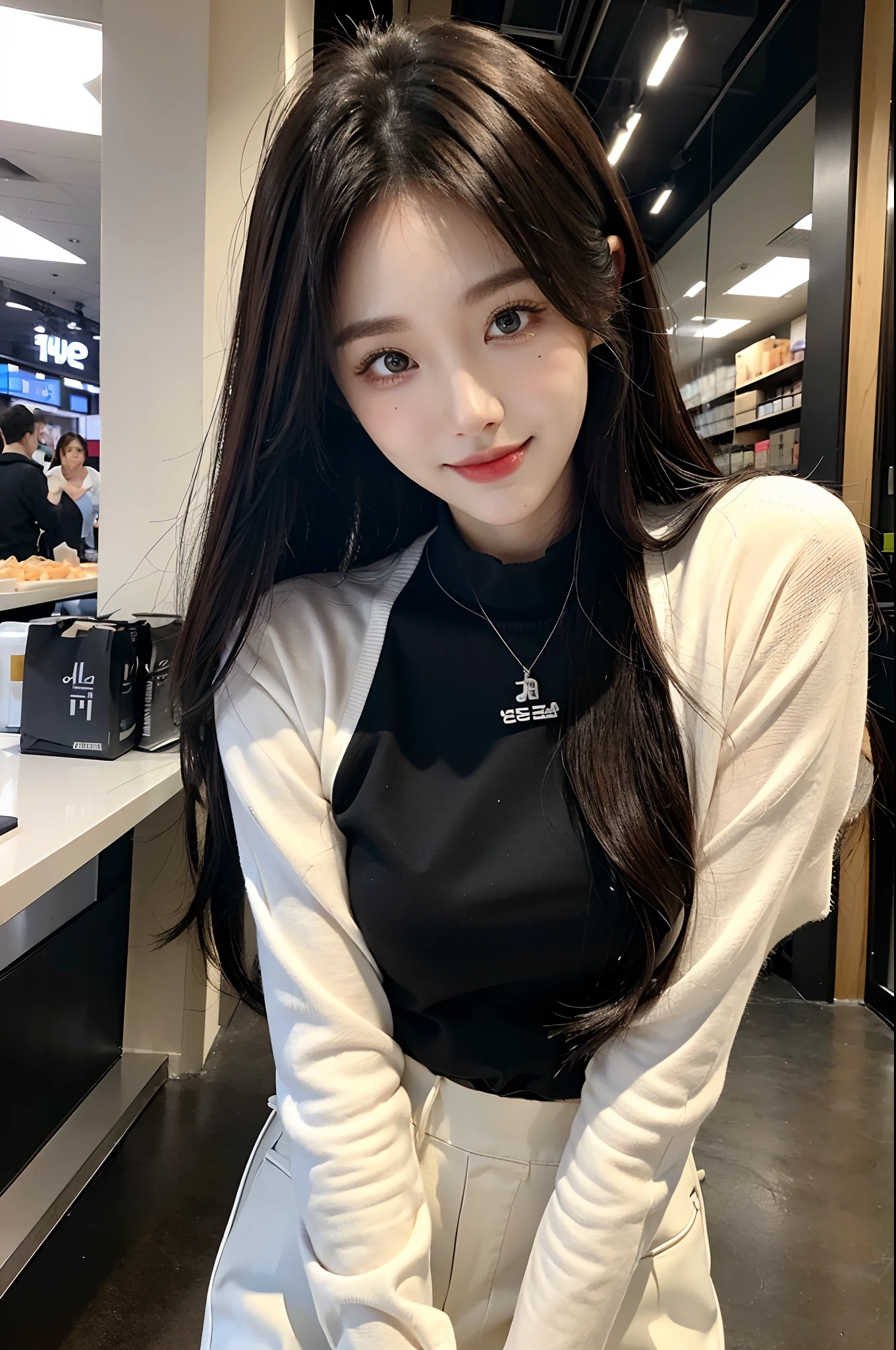 ​masterpiece、top-quality)、1 beutiful girl、Slim body、((Black and white plain clothes:1.1))、(Detailed beautiful eyes)、Walk around the store、((Boyish Brown Medium Hair))、((Smaller face))、((Neutral face))、((Face seen from the side))、((Light brown eyes))、((Korean Girl))、((18year old))、((cool lady))、((A shy smile on his face))、((Korean Makeup))、((elongated and sharp eyes))、((Happy dating))、((looking distantly))、((boyish))、((Shot from the same height as your face))、((Shorter than viewer))、((She is running ahead of the viewer))、((Embarrassing to watch viewers))