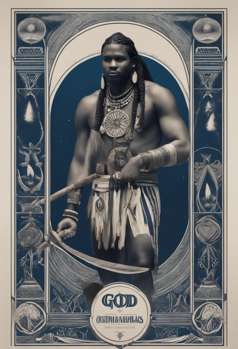 CABOCLO ogum 7 espadas, mestizo black man, indio, adornos tipicos indigena,vestindo um ade de penas azuis e brancas. intrincado, entidade da umbanda, rosto pintadio azul e branco e branco, olhar penetrante, cosmic god,