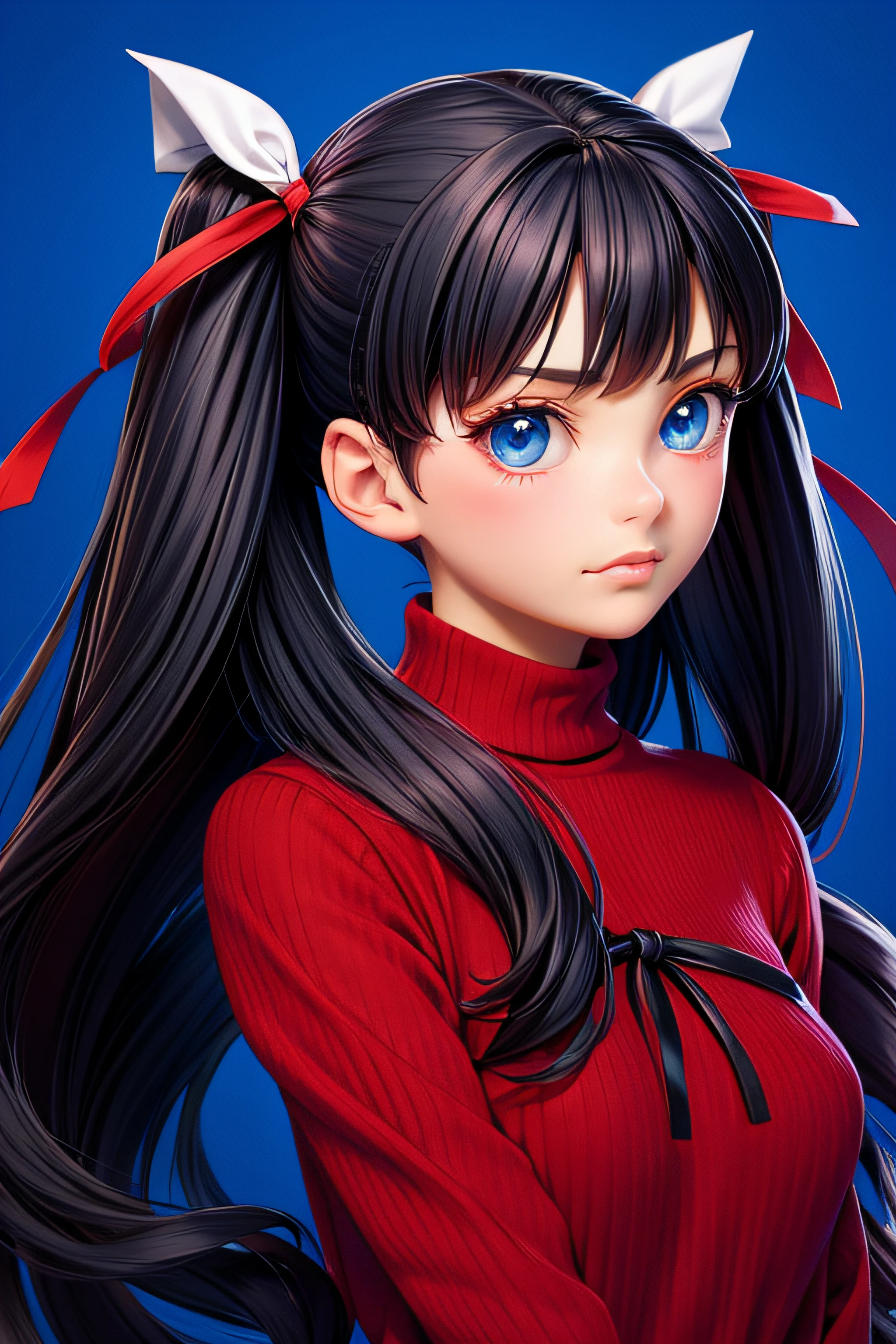 1girl, tohsaka rin, solo, long hair, sweater, red sweater, looking at viewer, blue background, black hair, simple background, two side up, turtleneck, blue eyes, lips, closed mouth, ribbon, hair ribbon, bangs, turtleneck sweater, upper body, parted bangs, black ribbon, ribbed sweater, twintails, nose.