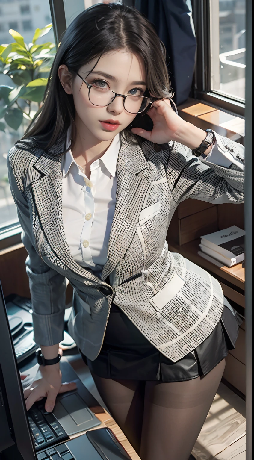 A woman of about 40 poses in front of an office window,, shot from above, White skin, Shiny complexion, wearing a blazer,black lence stockings, Lace lingerie big breasts. high-heels, Hair is clean and tidy. Her face is delicate, Show beautiful eyes, Lips, and perfect fingers. The woman has a completely anatomically correct body. She stood in a luxurious office,There are some greenery,A watch,.Wear rings and glasses Wear pantyhose、 Girl in shirt,, Business clothes, wearing black suits, Wear a shirt and skirt, Woman in a suit, Business attire, business outfit, RAW photo, (8K、top-quality、tmasterpiece:1.2)、(intricately details:1.4)、(Photorealsitic:1.4)、octane renderings、Complex 3D Rendering Ultra Detail, Studio soft light, rim lights, vibrant detail, super detailing, realistic skin textures, Detal Face, Beautiful detail eyes, Very detailed