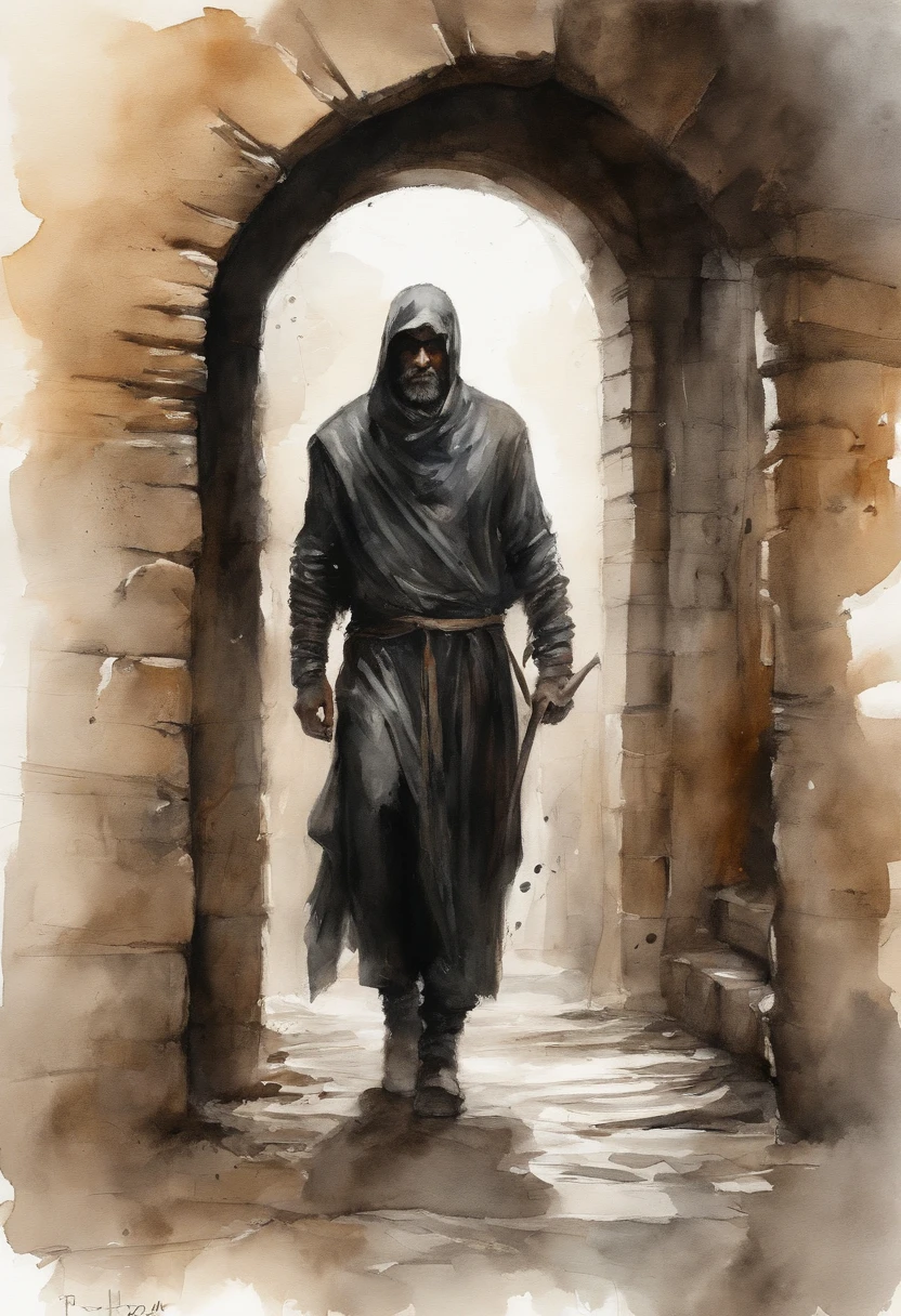8k imagem realista do homem bonito, 25 anos, cabelos castanhos longos, olhos castanhos, Expression of hatred, vestido com camisa casual preta simples, black bandages wrapped around his arms, Standing in a large rustic underground dungeon