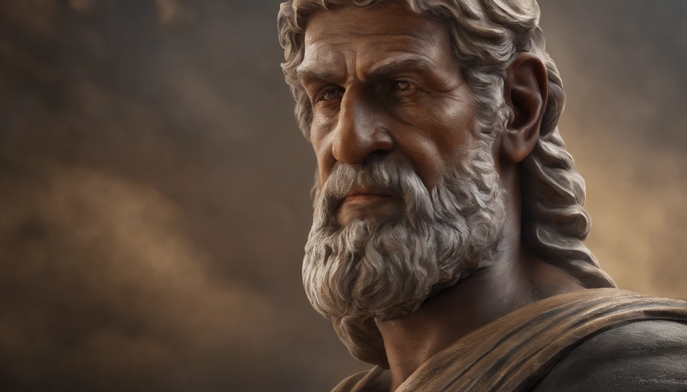 Greek philosophy statue with beard and muscles, cinemactic, 8k, fundo escuro, Detailed symmetrical realistic face, textura natural extremamente detalhada, peach fluff, short hair, master part, Absurdos, Foto premiada por Lee Jeffries, Nikon Film Stock D850 Fotografia, kodak portra 400 camera f1.6 lentes, extremamente detalhado, Amazing, detalhes finos, cores ricas, textura hiper realista, dramatic lighting, UnrealEngine, trending on ArtStation, cinestill 800 tungsten, Olhando para o Viewer, Realistic photo, foto raw , TanvirTamim, alta qualidade, high resolution, foco nítido, extremamente detalhado, Cinematic lighting, 8k UHD,