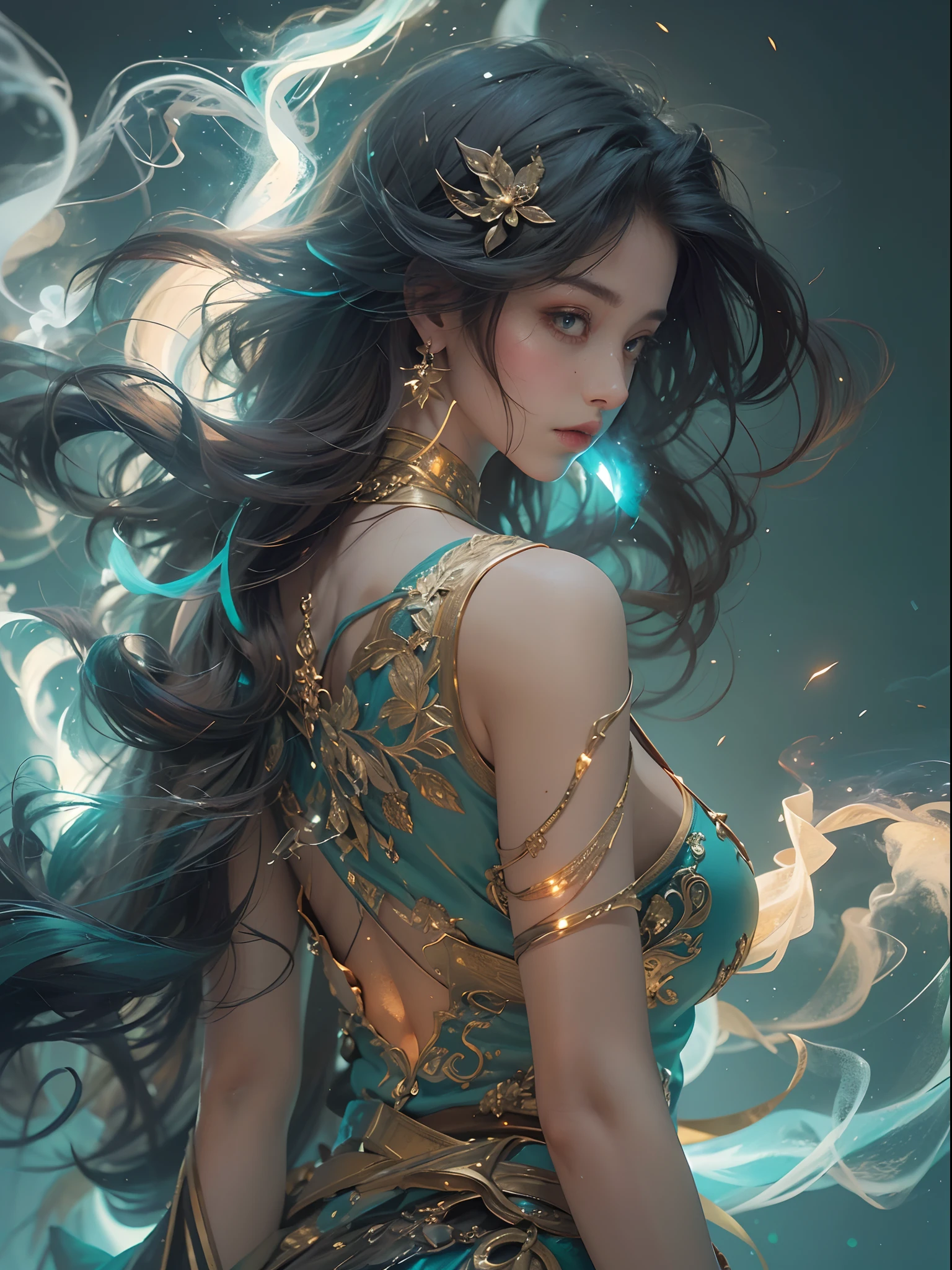 Unbeatable masterpiece, Ultra photo realsisim, Perfect artwork, Intricate details, Best quality, Strong light,High contrast, (Bare shoulders:0.85),((glowing ambiance, enchanting glow, luminouslighting, Ethereal atmosphere, A mesmerizing glow, evocative hues, captivating coloration, Dramatic lighting, Enchanting aura)),1girll,Masterpiece,Best quality,1girll,(in clouds of smoke:1.1),(Dynamic smoke is everywhere:1.4),(full bodyesbian:1.2),(1 Chinese pattern in the middle of the girl's forehead),concept-art,Thunder and Lightning,Vertical distribution,Tilt 45° distribution，Cyan color scheme,Vector graphics,hyper photorealism,rendering by octane,aurora, [City lights]，Tyndall lamps,