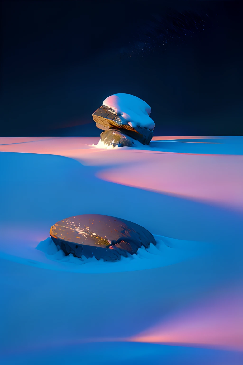 A painting of a small rock in the snow, winter eerie night time light, dark sky.