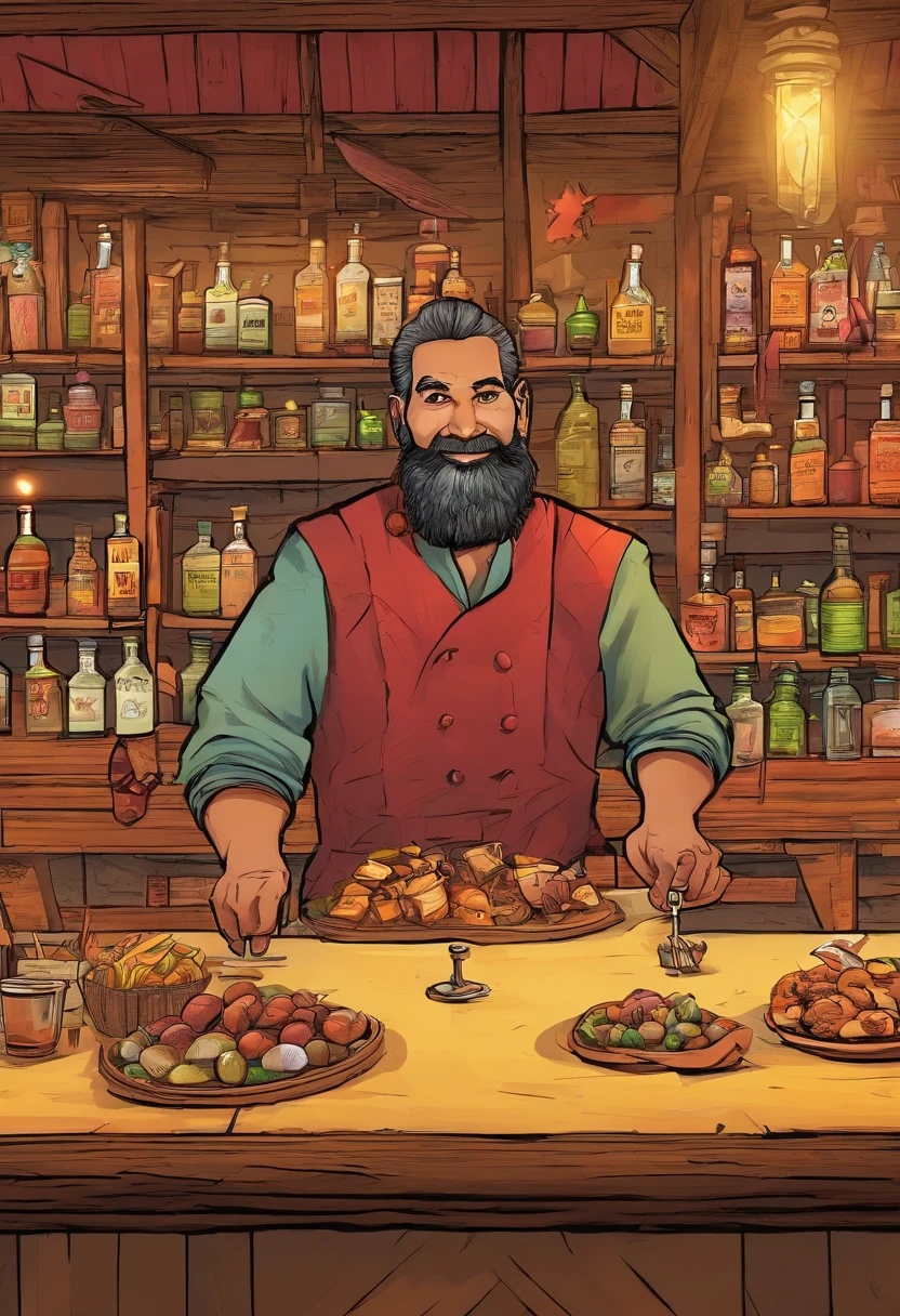 Imagine um dono de taverna velho e rechonchudo, com uma barba espessa e um sorriso acolhedor, standing behind the counter of his bustling medieval establishment . The flickering light of the candles casts a soft glow on the wooden tables and on the customers enjoying their drinks and meals.