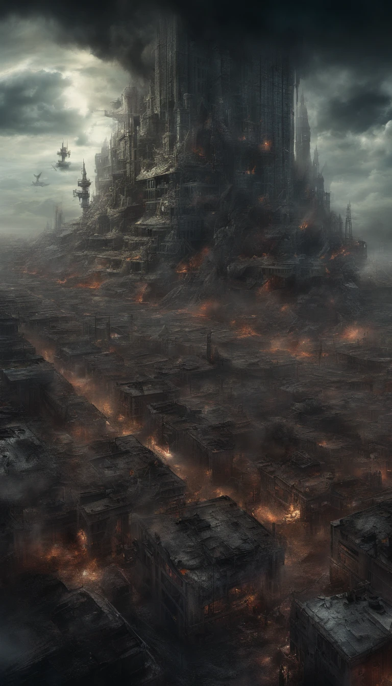 (sci-fi art:1.5), sci-fi postapocalyptic world, (a flying city:1.7), a white flying castle is located on it, (huge mechanisms spew clouds of smoke:1.3), panoramic view, clouds of smoke, storm clouds, (masterpiece), (vivid colors:1.6)