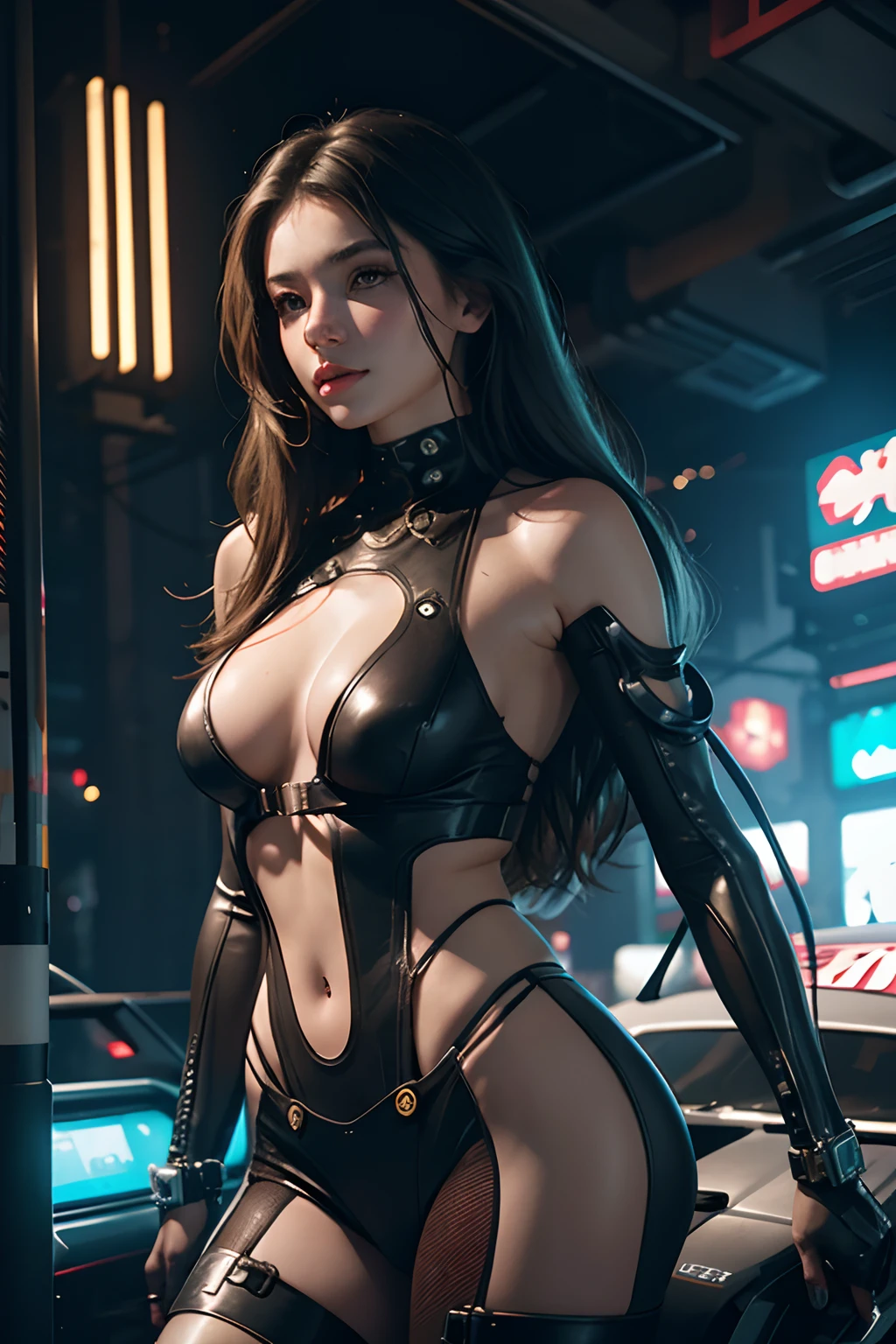 Beautiful girl in cyberpunk scene medium breasts, long hair, mechanical arms, see-through
