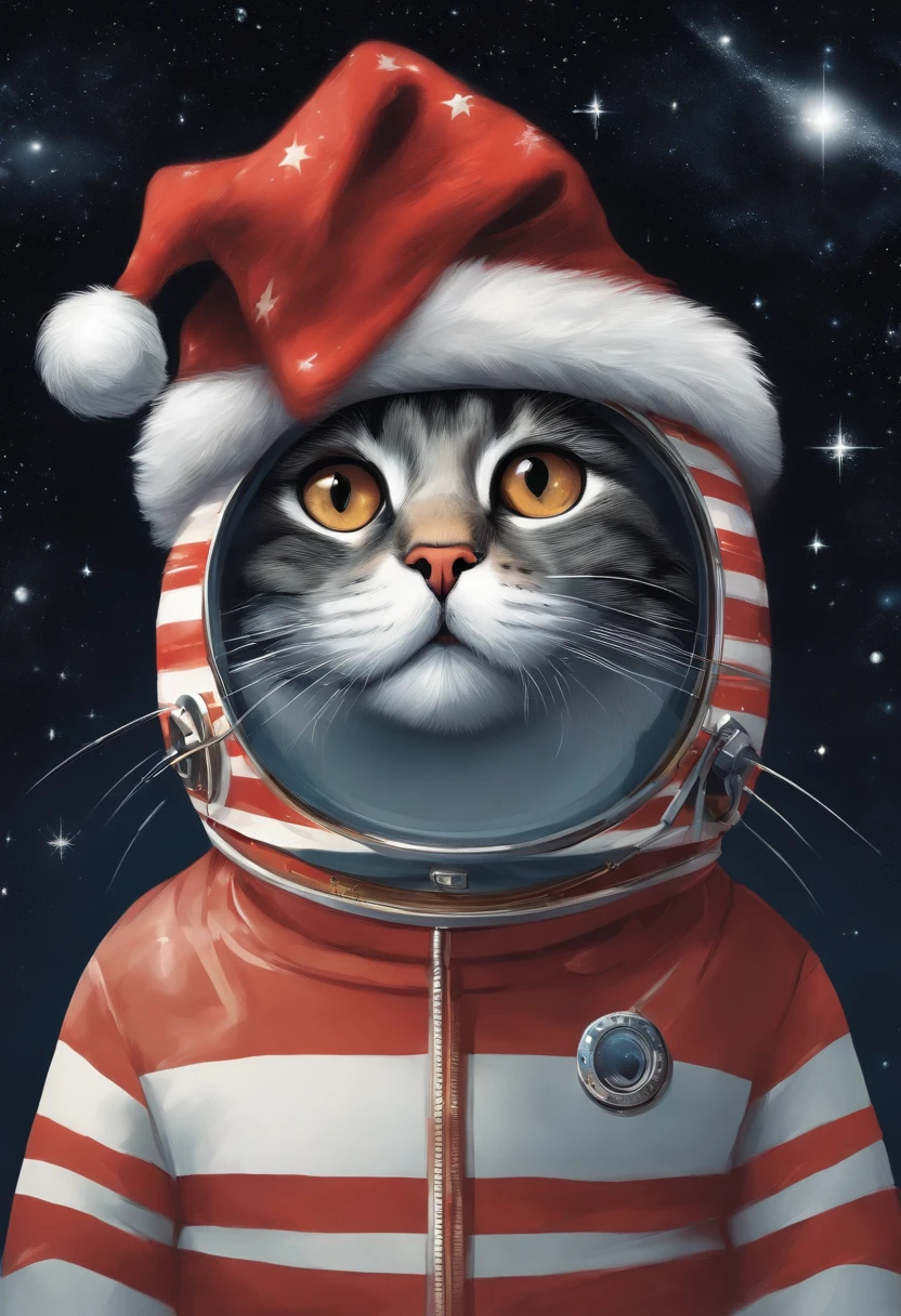 British illustrator Martin Handford-style illustration Find Wally Various planets and meteors on a space background
In transcendent space art, out of a group of 300 different cat characters, a cat in a red striped shirt, bespectacles and a Santa hat hides.