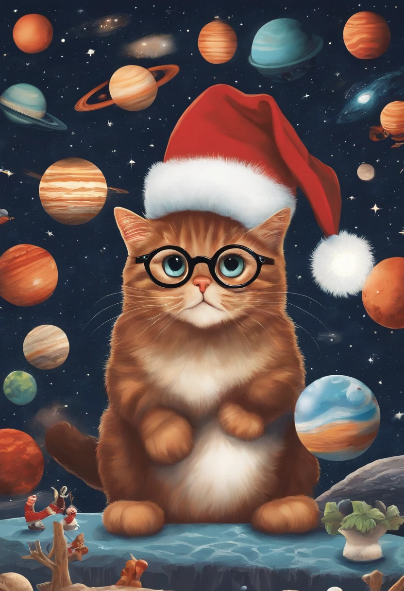 British illustrator Martin Handford-style illustration Find Wally Various planets and meteors on a space background
In transcendent space art, out of a group of 300 different cat characters, a cat in a red striped shirt, bespectacles and a Santa hat hides.