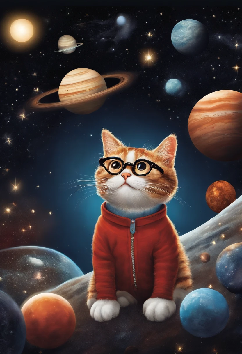 British illustrator Martin Handford-style illustration Find Wally Various planets and meteors on a space background 
In transcendent space art, out of a group of 300 different cat characters, a cat in a red striped shirt, bespectacles and a Santa hat hides.