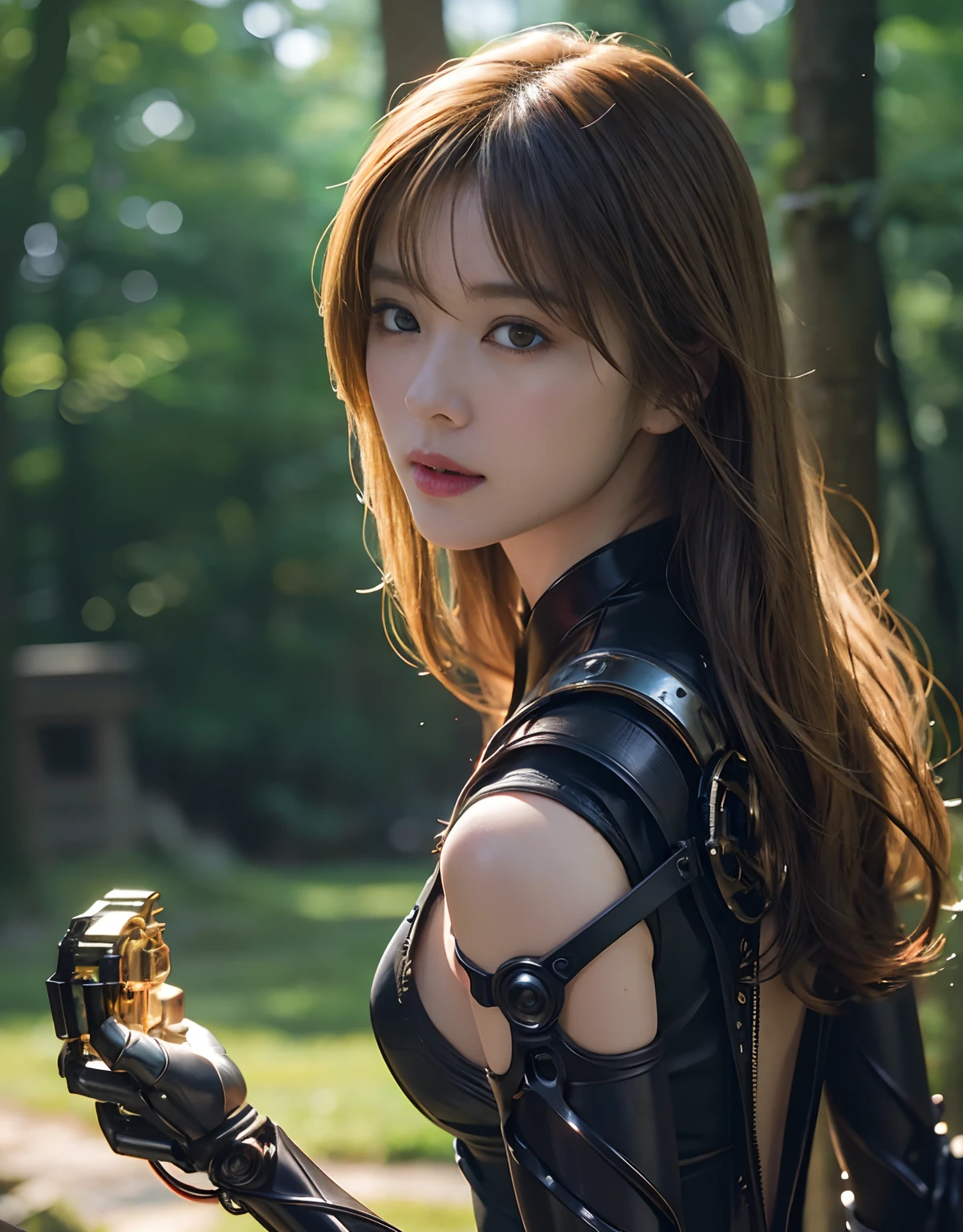 (1 Mechanical Girl)、top-quality、​masterpiece、超A high resolution、(Photorealsitic:1.4)、Raw photo、1人、Golden hair、glowy skin、(((1 Mechanical Girl)))、With a beautiful knife、（Metal bodysuit）、(beautiful forest background)、Precipitous cliffs、(Small LED)、((super realistic details))、portlate、globalillumination、Shadow、octan render、（One-Eyed Scouter）、8K、ultrasharp、Colossal tits、Raw skin is exposed in cleavage、metals、Details of complex ornaments、Japan details、highly intricate detail、Realistic light、CGSoation Trends、Red Eyes、radiant eyes、Facing the camera、neon details、(Mechanical limbs)、(blood vessels connected to tubes)、Mechanical vertebrae attached to the back、mechanical cervical attaching to neck、(Wires and cables connecting to the head)、Gundam、Small LED、,Mechanical thighs、Toostock、（Hands are also made of machines）、