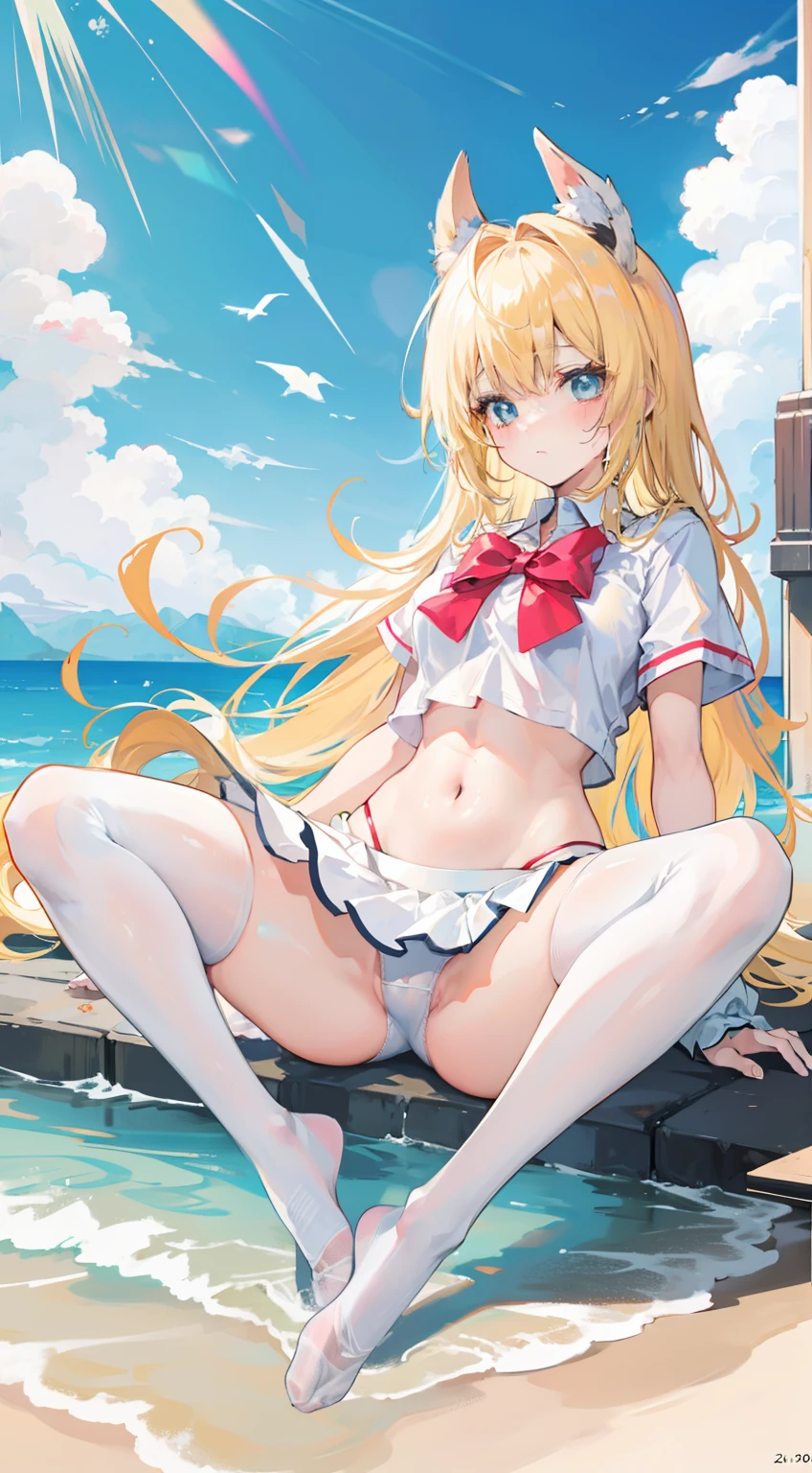 Masterpiece((tmasterpiece)),(White color blouse),((black micro skirt)),(White stockings),adolable,is shy,(Long yellow)Hair,red bowtie,long leges,(Have by the sea),(Facing the sea),Open navel,No shoes on,long leges,Spread your legs,Place your hands on your inner thighs,Be red in the face,The panties are moist,is shy,Place your middle finger on top of your panties,roll eyes,lifting one leg