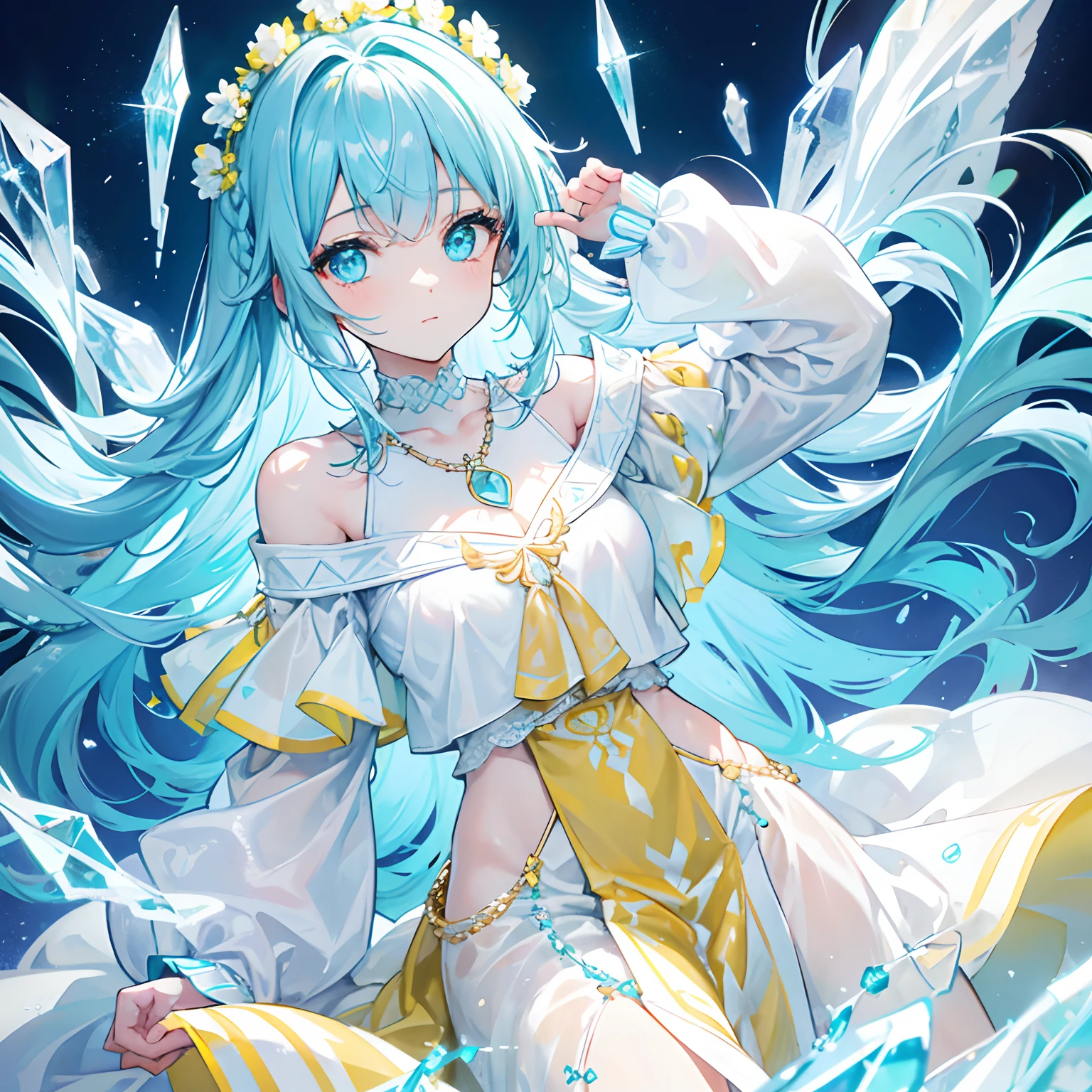 With braids，A shiny one, Moist and crystal clear face，It has a lovely feel，Light cyan and light yellow color scheme，Wear an off-the-shoulder T-shirt in a simple solid color，Around his neck hangs a crystal clear silver necklace