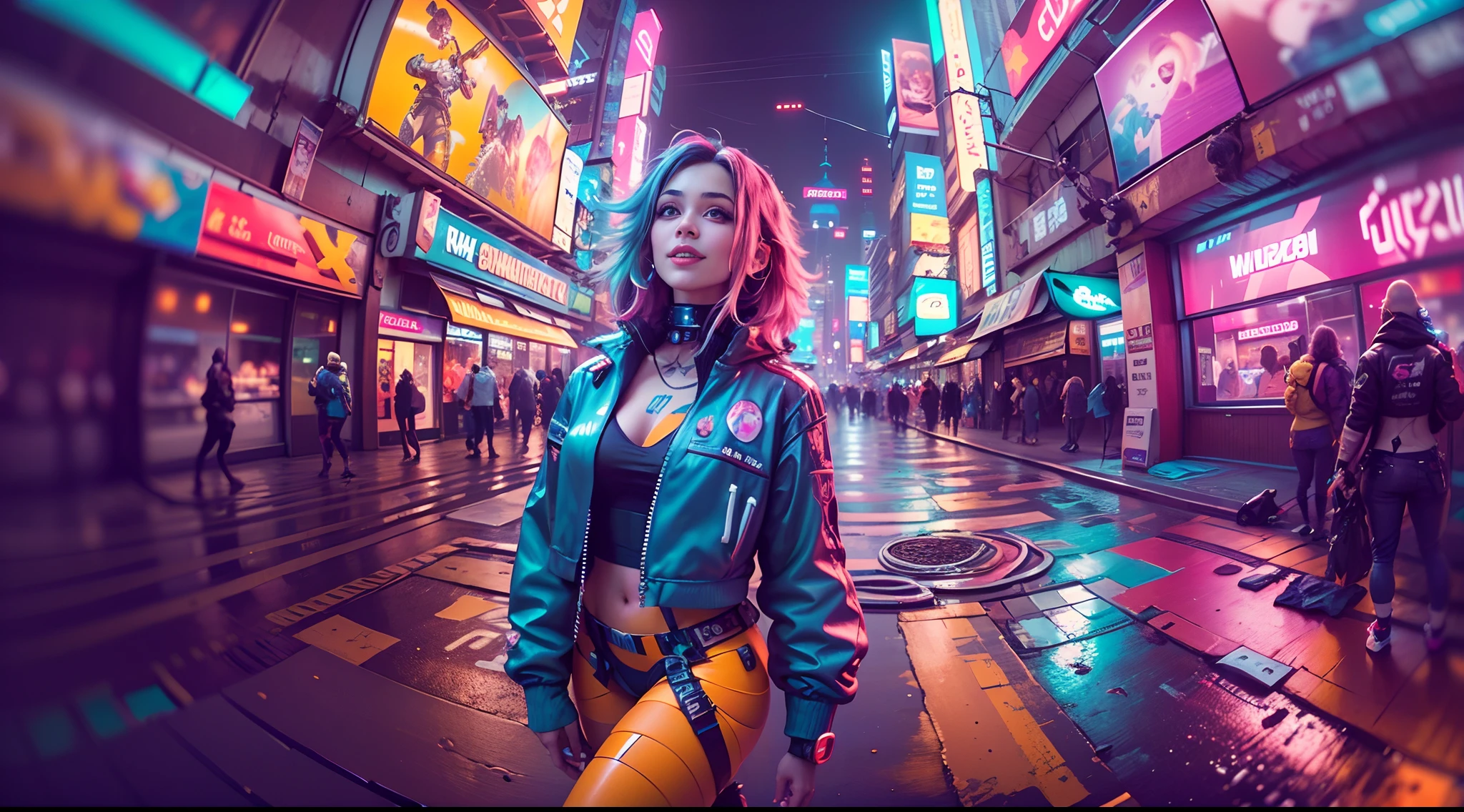 (2 cyberpunk girls wearing colorful Harajuku style pop outfit)), ((((fisheye lens)))), cowboy shot, wind, messy hair, ((cyberpunk 2077 cityscape)), (cyberpunk aesthetics and atmosphere:1.3), bright colors, smiling, ((cinematic lighting))