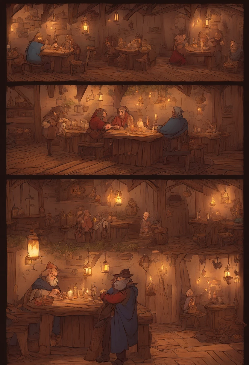 Imagine um dono de taverna velho e rechonchudo, com uma barba espessa e um sorriso acolhedor, standing behind the counter of his bustling medieval establishment . The twinkling light of the candles casts a soft glow over the wooden tables and over the customers enjoying their drinks and meals.