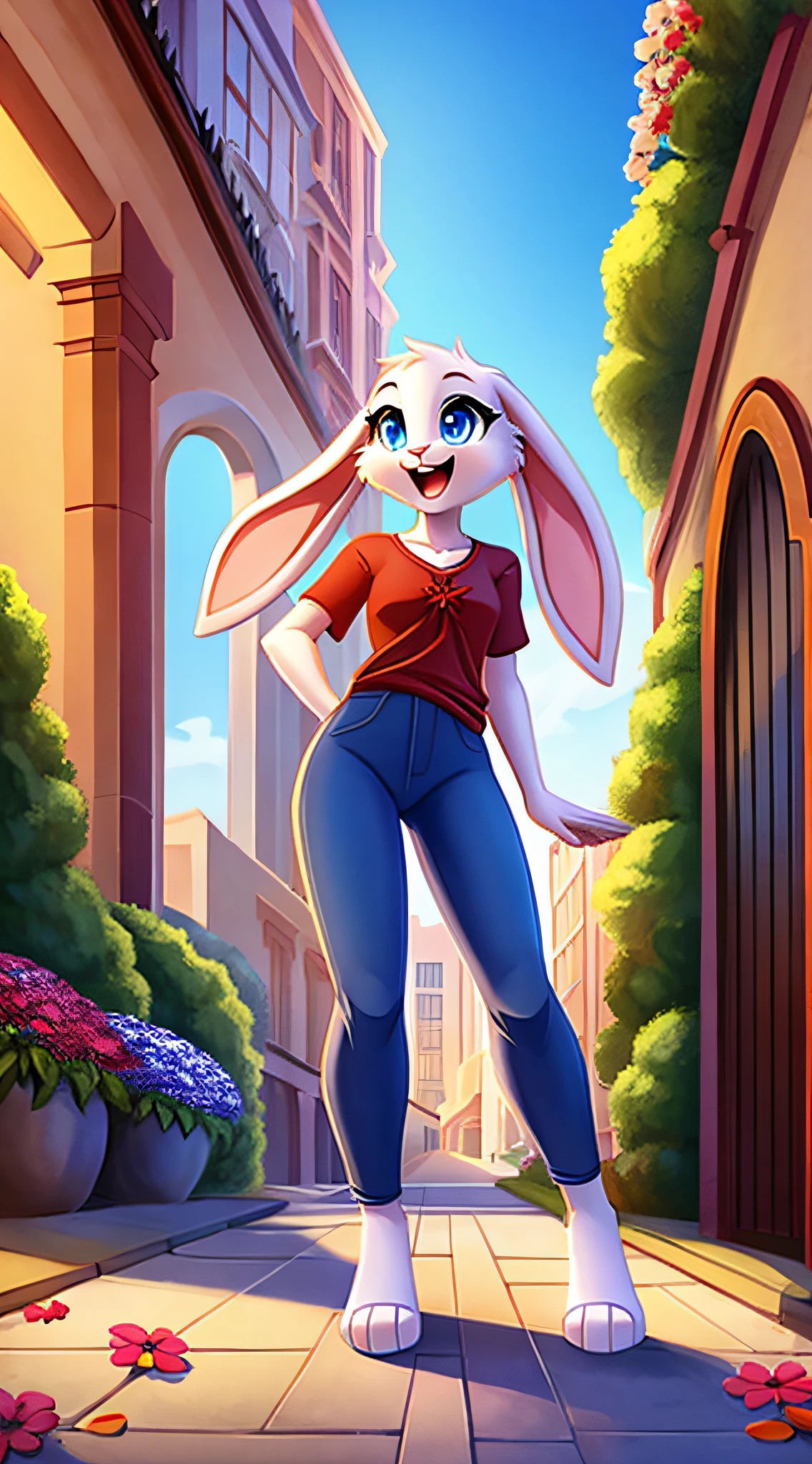 fantasy style art, cute, adorable, attractive, fluffy female white bunny with blue eyes, attractive figure, skinny and shapely body, fully clothed, chaste, 4 ears, 2 extra ears, big floppy ears, long ears, ears perked up, raised ears, long eyelashes, red t-shirt with flower design, ankle length blue jeans, standing in a city street, big expressive smile, open mouth, wide eyes, looking on in wonder, excited eyes, excited face, stunning visuals, sunny day, digital illustration