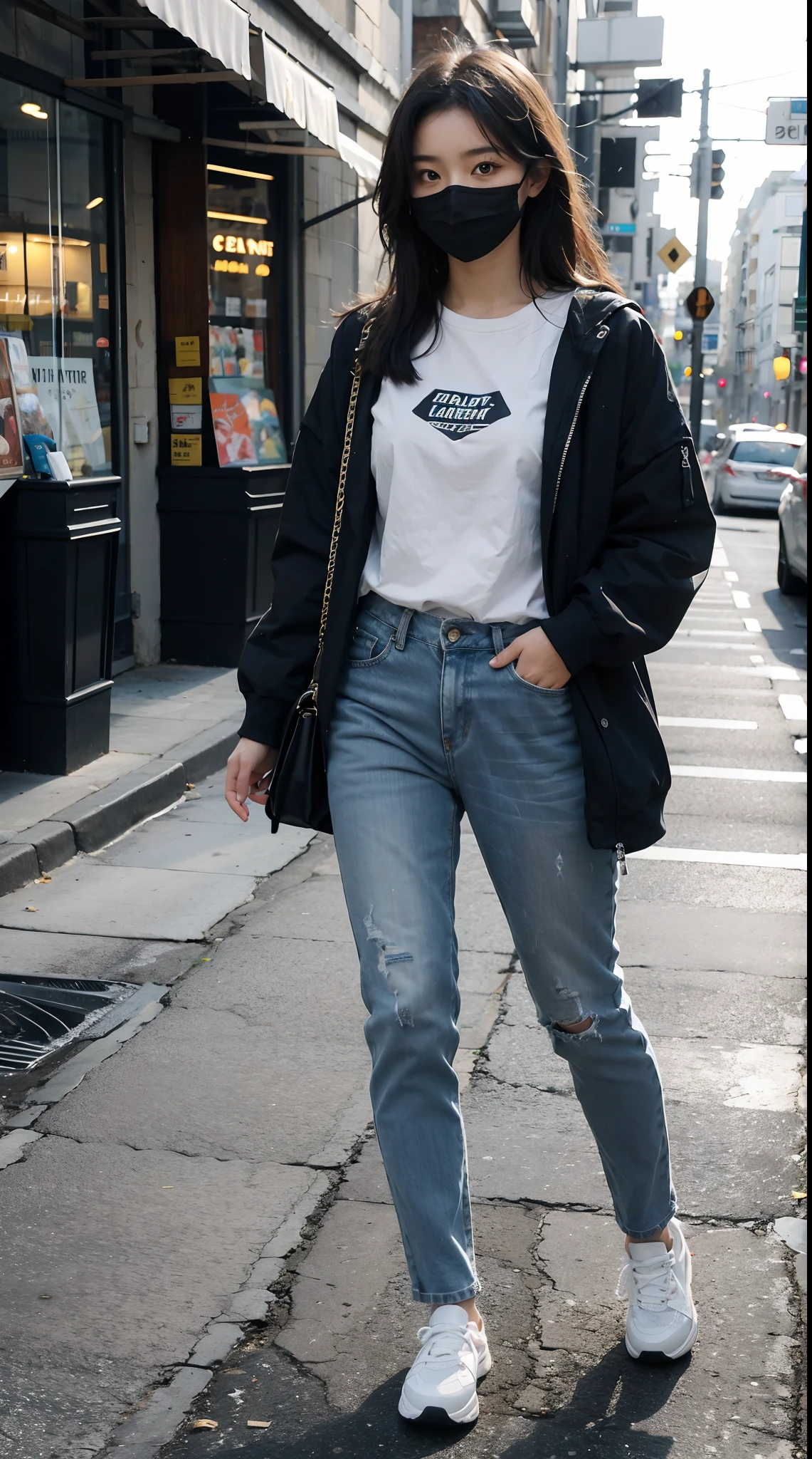Girl in mask, athletic sneakers, Wear jeans,