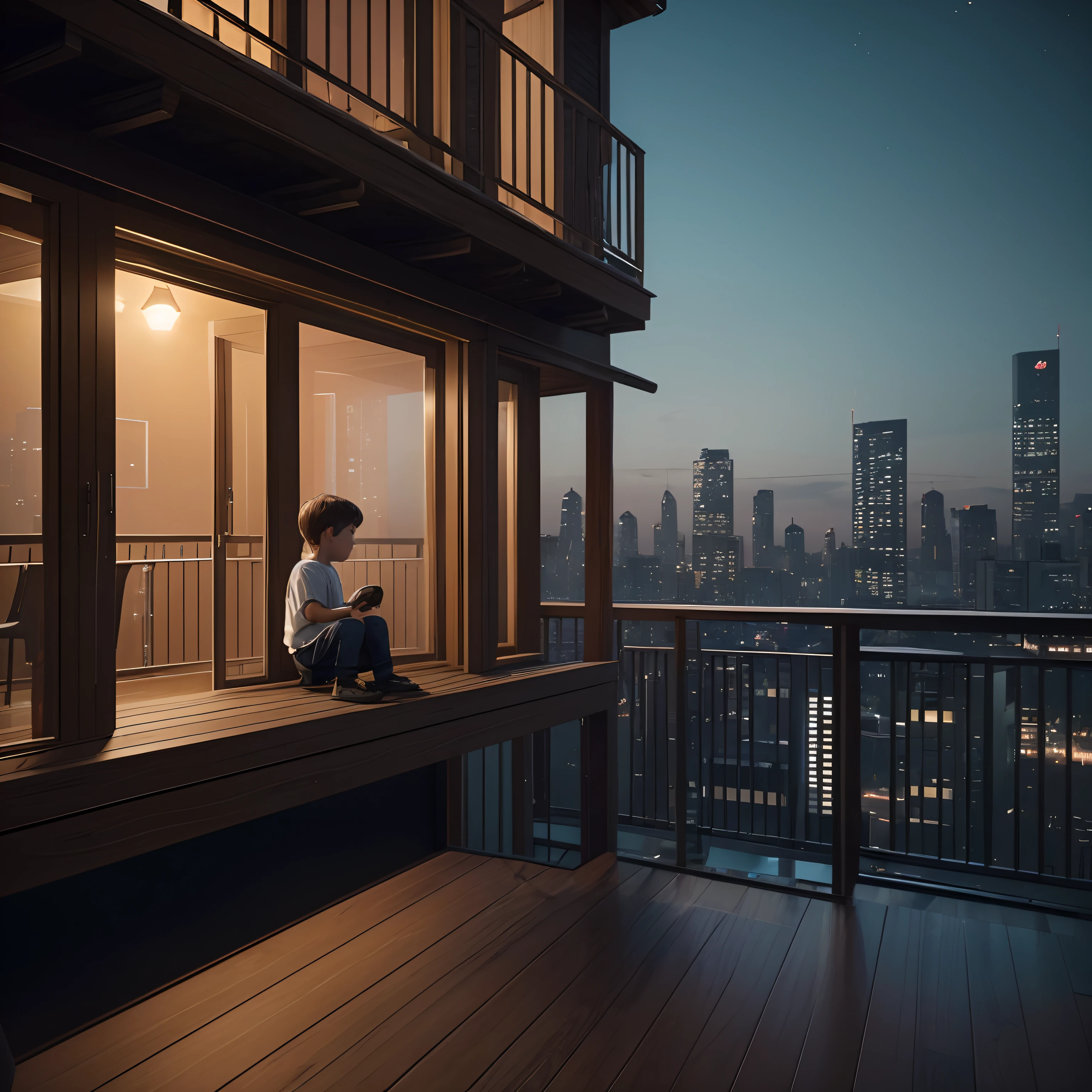 ((a  sitting passively)) and observing on a wooden (balcony of his house) (in a city), where [many buildings can be seen in the background] At night, realistic, photography, cinematic, dramatic camera, masterpiece, ultra high, epic, Intricate, Dramatic, Sci-fi, 8k, Vibrante, Detalles