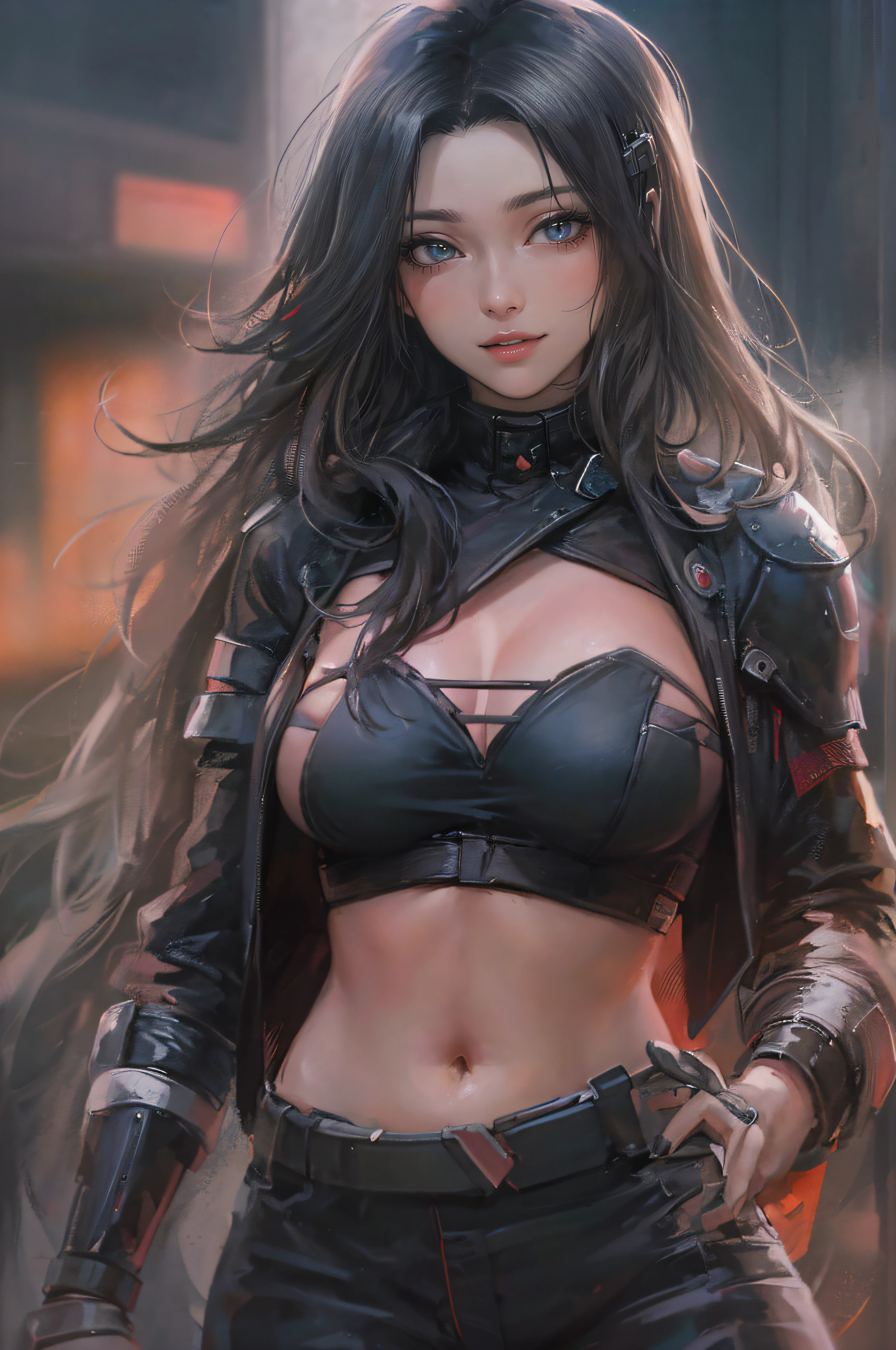 ((Sexy and beautiful female ninja)), ((22-year-old beauty)), ((beautiful and cool smile)), ((colorful long hair)), ((pink and black outfit) ), (( Rich bust)), ((gradient eyes)), ((background is a cyberpunk city)), fascinating makeup, single view, NFFSW, UHD, retina, masterpiece, accurate, anatomically, scientifically correct, Textured skin, super detail, high detail, high quality, award winning, top quality, high resolution, 1080P, HD, 4K, 8k, 16k