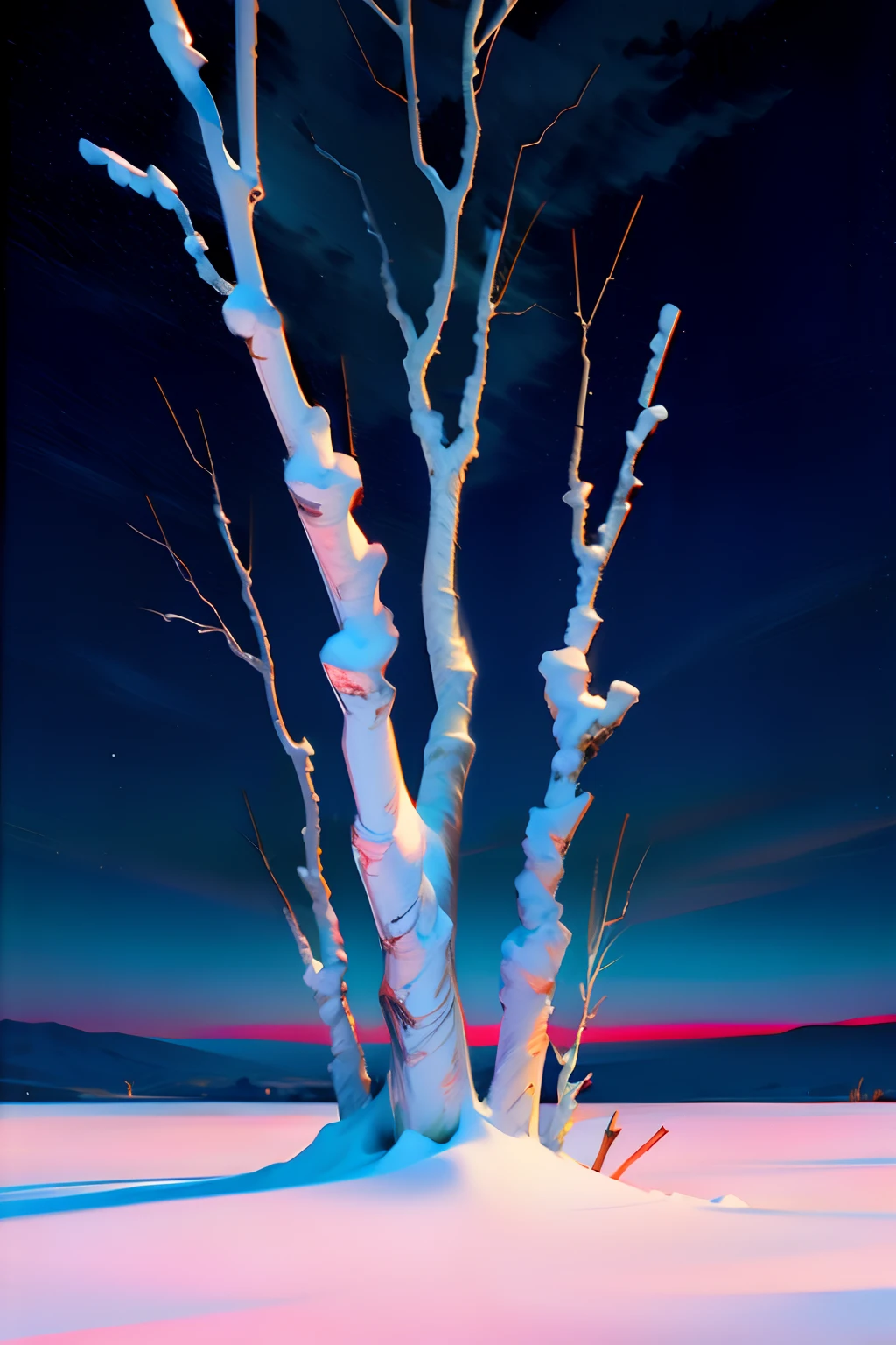 A painting of a two sticks, laying in the snow, no humans, no people, winter, eerie night time light, dark sky.