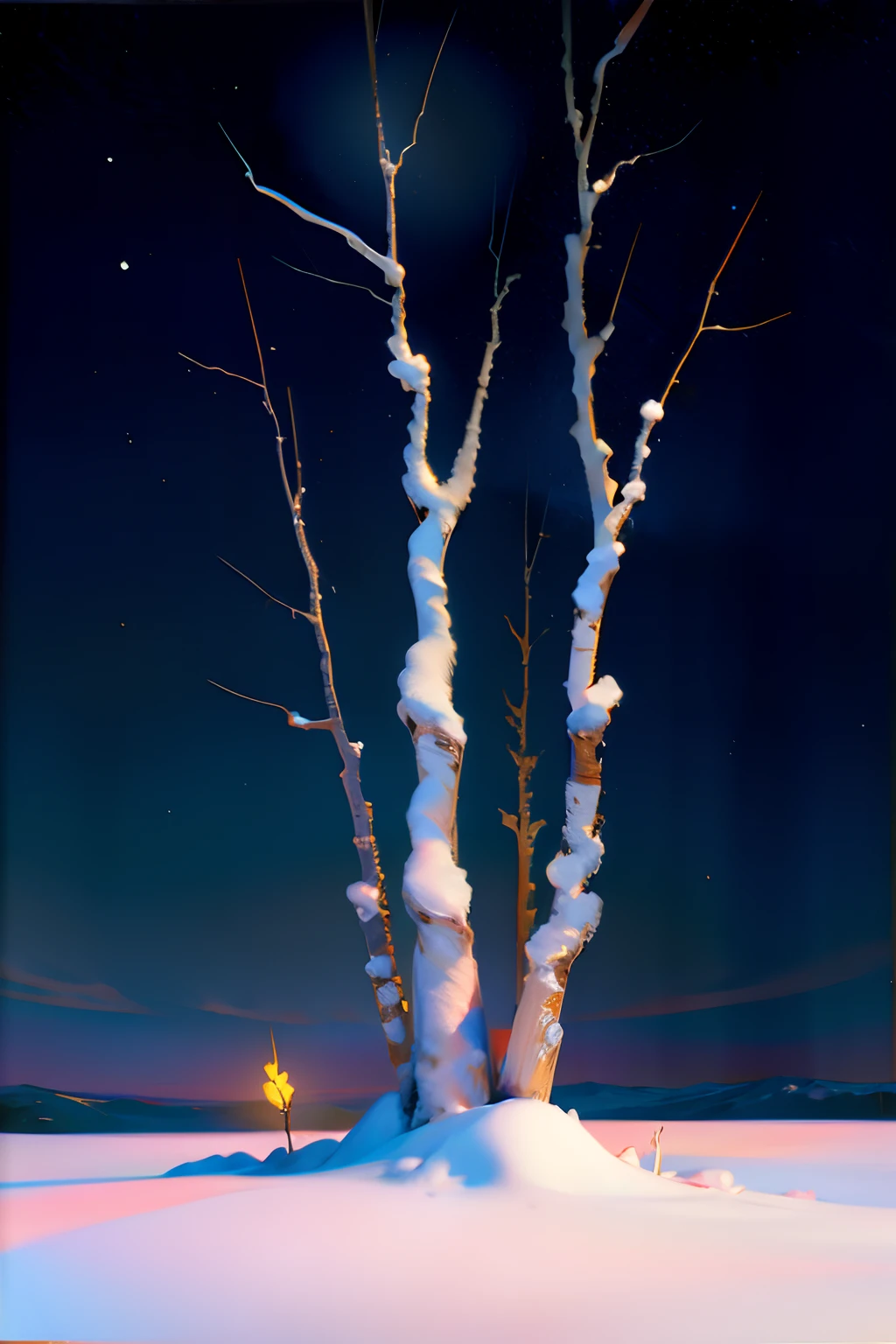 A painting of a two sticks, laying in the snow, no humans, no people, winter, eerie night time light, dark sky.