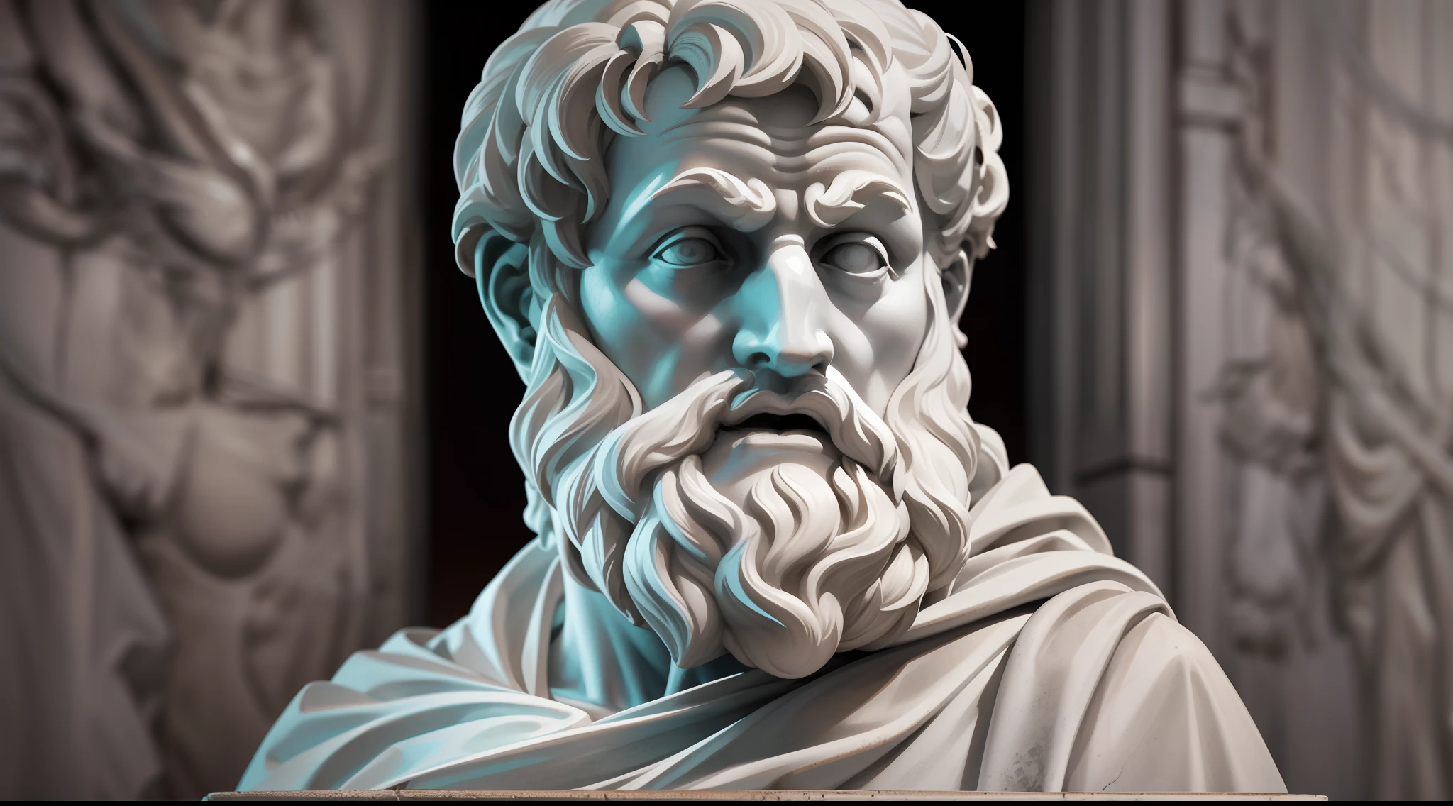 A realistic Greek white marble statue of aristotle brave scary detailed wearing a ghostly toga, fundo neutro, Moody, , fotorrealista, Scary Movie Dinner, super detalhada, hiper realista, luzes brilhantes, 8 K