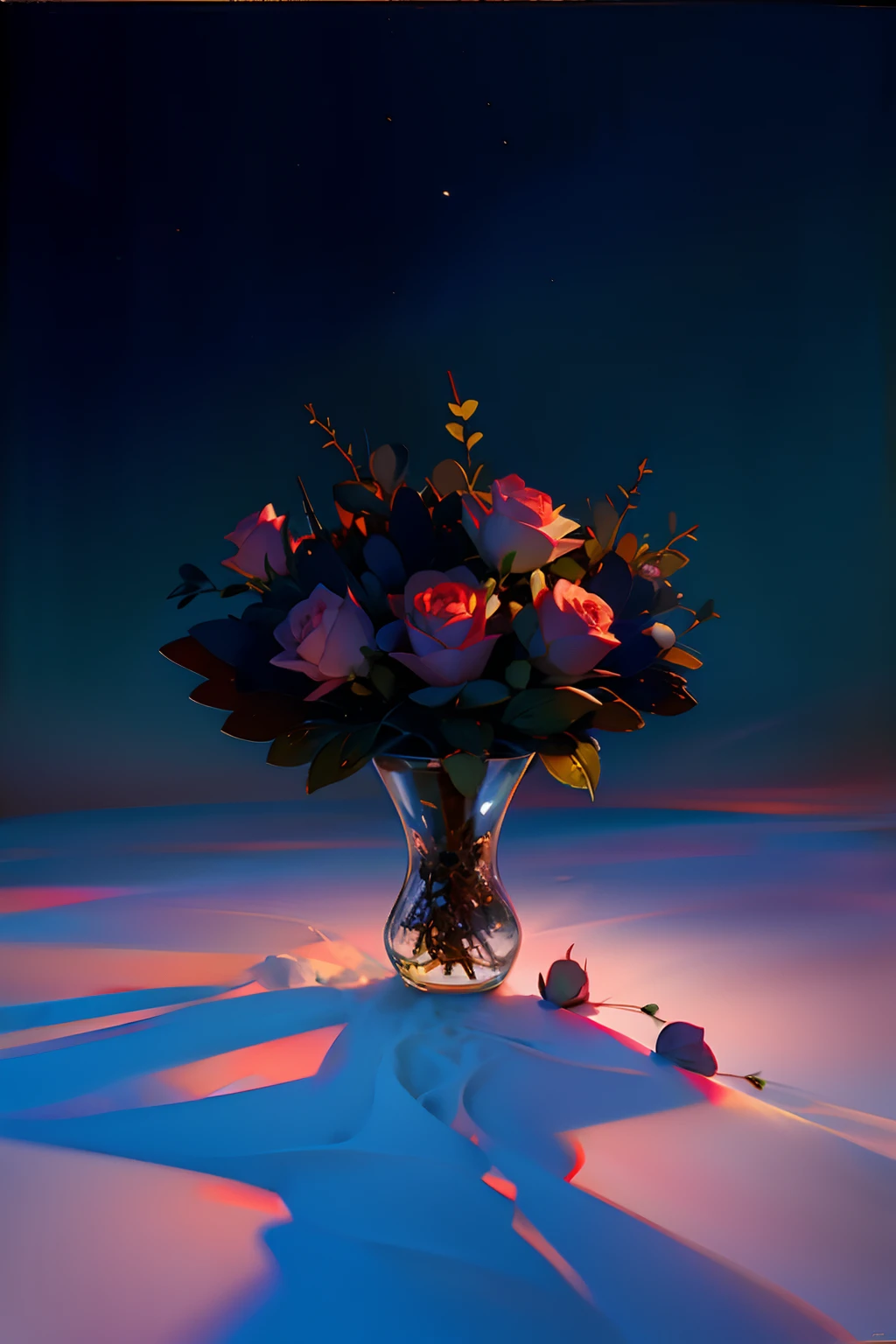 A painting of a bouquet of dead roses thrown away in snow, winter, night time light, dark sky.
