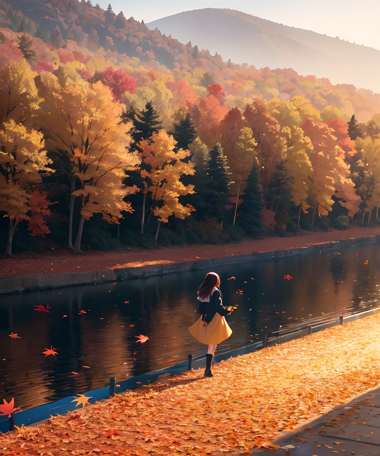 masterpiece, a female walking on a top of a bridge, back facing camera, the ground is covered with fallen autumn leaves, maple leaves, vibrant autumn scene, fallen leaves, golden hour, swirling wind, autumn yellow grass, (falling leaves), shades of yellow, orange and red, ultra detailed, 8k,