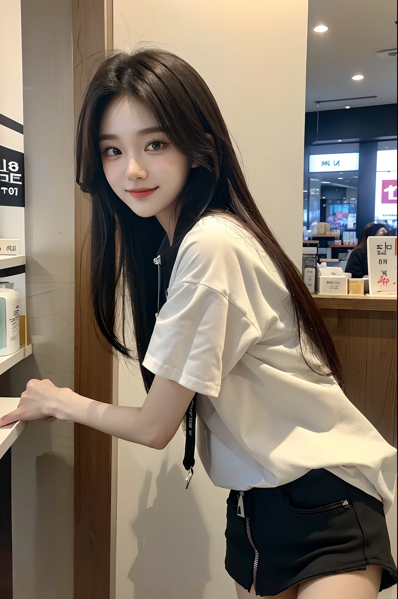 ​masterpiece、top-quality)、1 beutiful girl、Slim body、((Black and white plain clothes:1.1))、(Detailed beautiful eyes)、Walk around the store、((Boyish Brown Medium Hair))、((Smaller face))、((Neutral face))、((Face seen from the side))、((Light brown eyes))、((Korean Girl))、((18year old))、((cool lady))、((A shy smile on his face))、((Korean Makeup))、((elongated and sharp eyes))、((Happy dating))、((looking distantly))、((boyish))、((Shot from the same height as your face))、((Shorter than viewer))、((She is running ahead of the viewer))、((Holding your mouth with your hand and being embarrassed))
