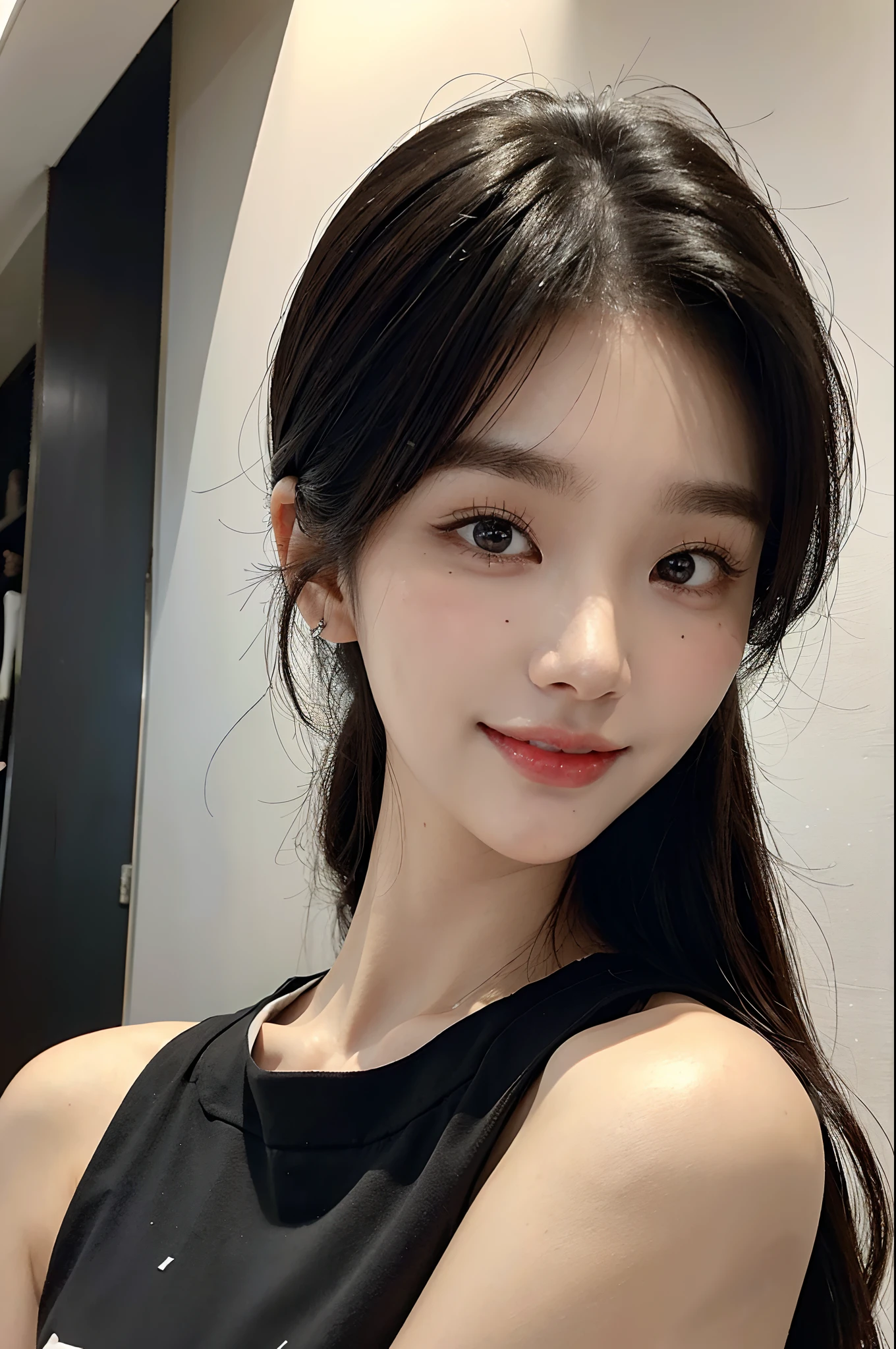 masterpiece、top-quality)、1 beutiful girl、Slim body、((Black and white plain clothes:1.1))、(Detailed beautiful eyes)、Walk around the store、((Boyish Brown Medium Hair))、((Smaller face))、((Neutral face))、((Face seen from the side))、((Light brown eyes))、((Korean Girl))、((18year old))、((cool lady))、((A shy smile on his face))、((Korean Makeup))、((elongated and sharp eyes))、((Happy dating))、((looking distantly))、((boyish))、((Shot from the same height as your face))、((Shorter than viewer))、((She is running ahead of the viewer))、((Holding your mouth with your hand and being embarrassed))