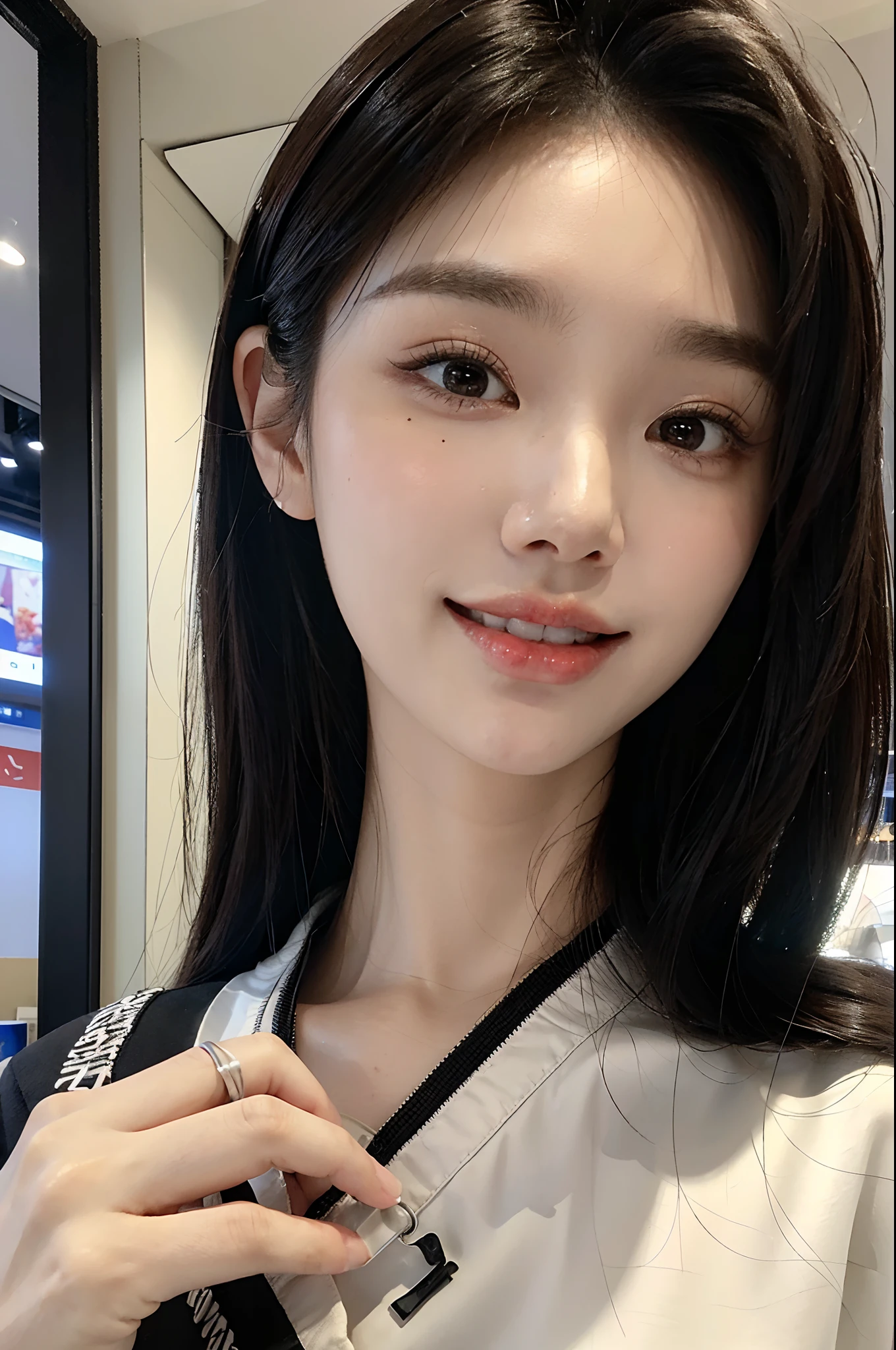 masterpiece、top-quality)、1 beutiful girl、Slim body、((Black and white plain clothes:1.1))、(Detailed beautiful eyes)、Walk around the store、((Boyish Brown Medium Hair))、((Smaller face))、((Neutral face))、((Face seen from the side))、((Light brown eyes))、((Korean Girl))、((18year old))、((cool lady))、((A shy smile on his face))、((Korean Makeup))、((elongated and sharp eyes))、((Happy dating))、((looking distantly))、((boyish))、((Shot from the same height as your face))、((Shorter than viewer))、((She is running ahead of the viewer))、((Holding your mouth with your hand and being embarrassed))