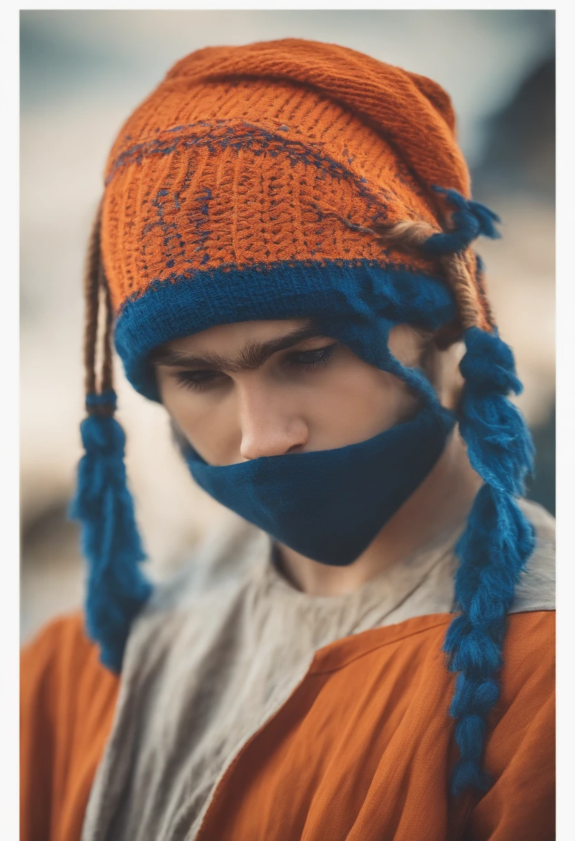 Um menino adolescente ruivo com cabelos laranja com blusa azul escuro e com touca azul escuro que usa um cachecol vermelho e rosa na cara