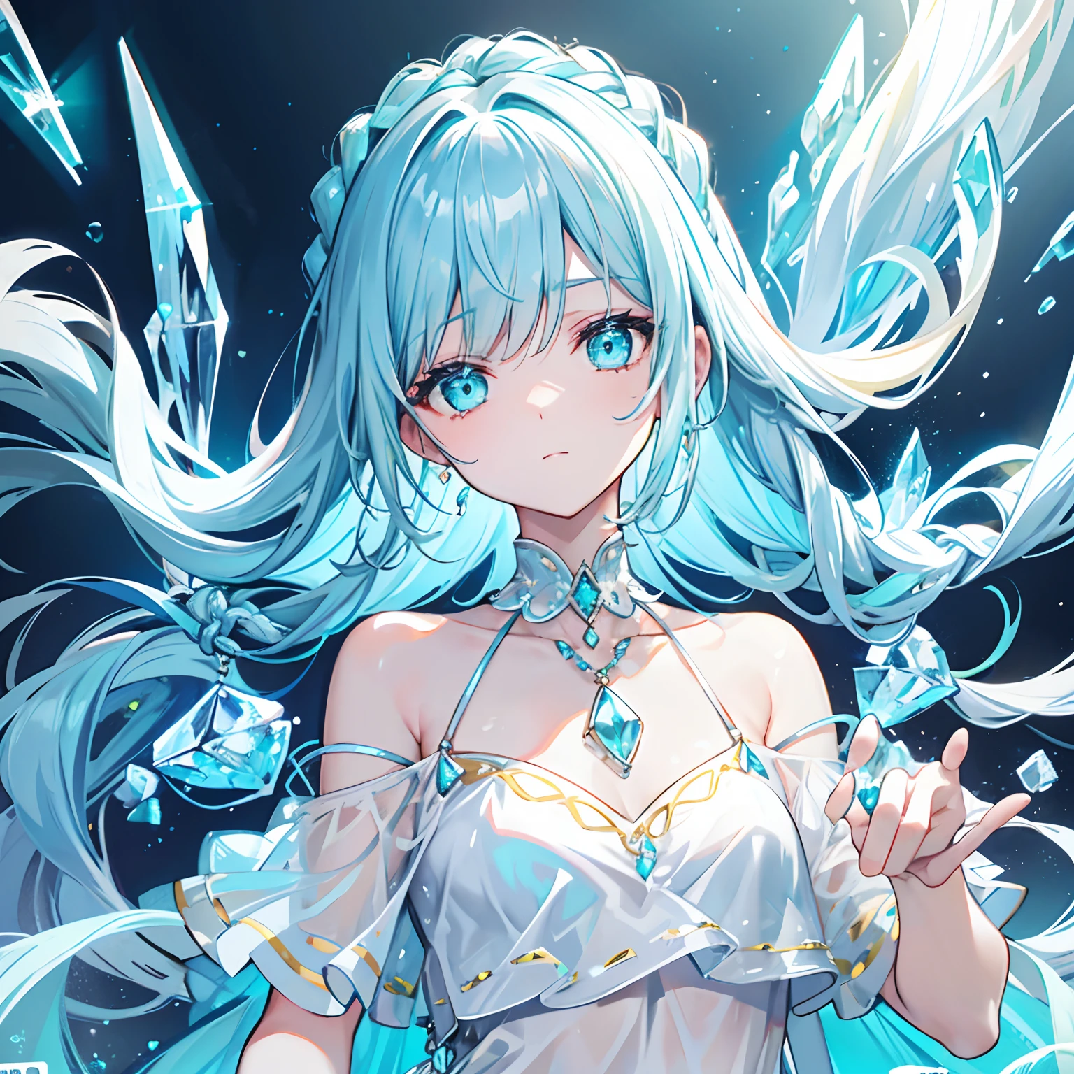 With braids,A shiny one, Moist and crystal clear face,It has a lovely feel,Light cyan and light yellow color scheme,Wear an off-the-shoulder T-shirt in a simple solid color,Around his neck hangs a crystal clear silver necklace