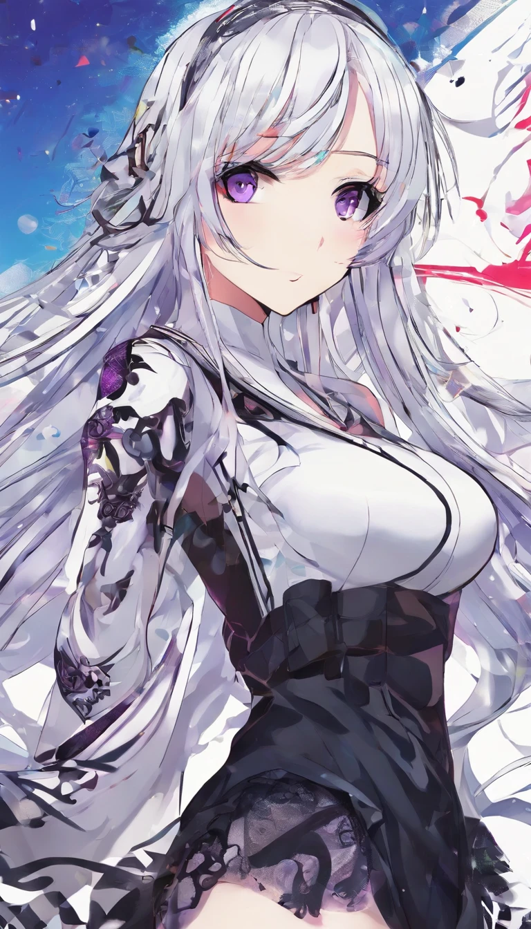 Beautiful agent with a pistol，Long hair and waist，white color hair，Purple eye，Black lace suspenders，Quiet girl，Standing painting，full bodyesbian，No background，head to toe，standing on your feet