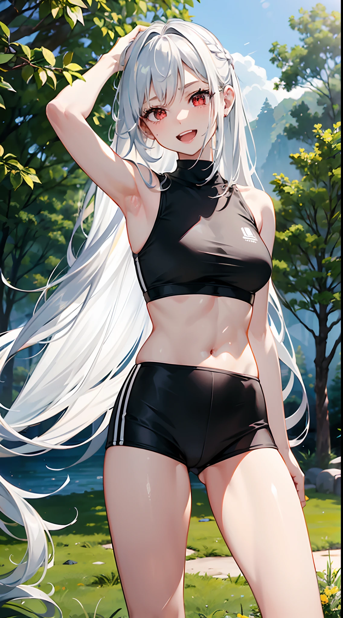 1 girl 19 years old, white long hair, red eyes, wearing a black sports bra, wearing black athletic shorts, laugh loudly, laghing out loud, laughed happily, cover mouth with both hands, Use both hands to cover your mouth, bend down a bit, lower yourself down, from the front, upper body, sunlight, noon, extremely detailed, best graphics, 8k, ultrasharp, masterpiece