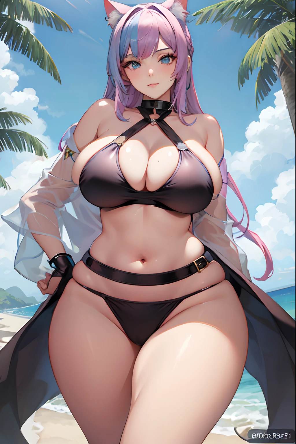 Chica anime con pelo rosa y orejas de gato posando en la playa, Thicc, seductora chica de anime, en la playa, swimsuit, small curvy loli, Guweiz, OPPAI, en la playa, en una playa, en una playa, Bikini realista, en una playa soleada, Proporciones OPPAI, Obras de arte al estilo de Guweiz