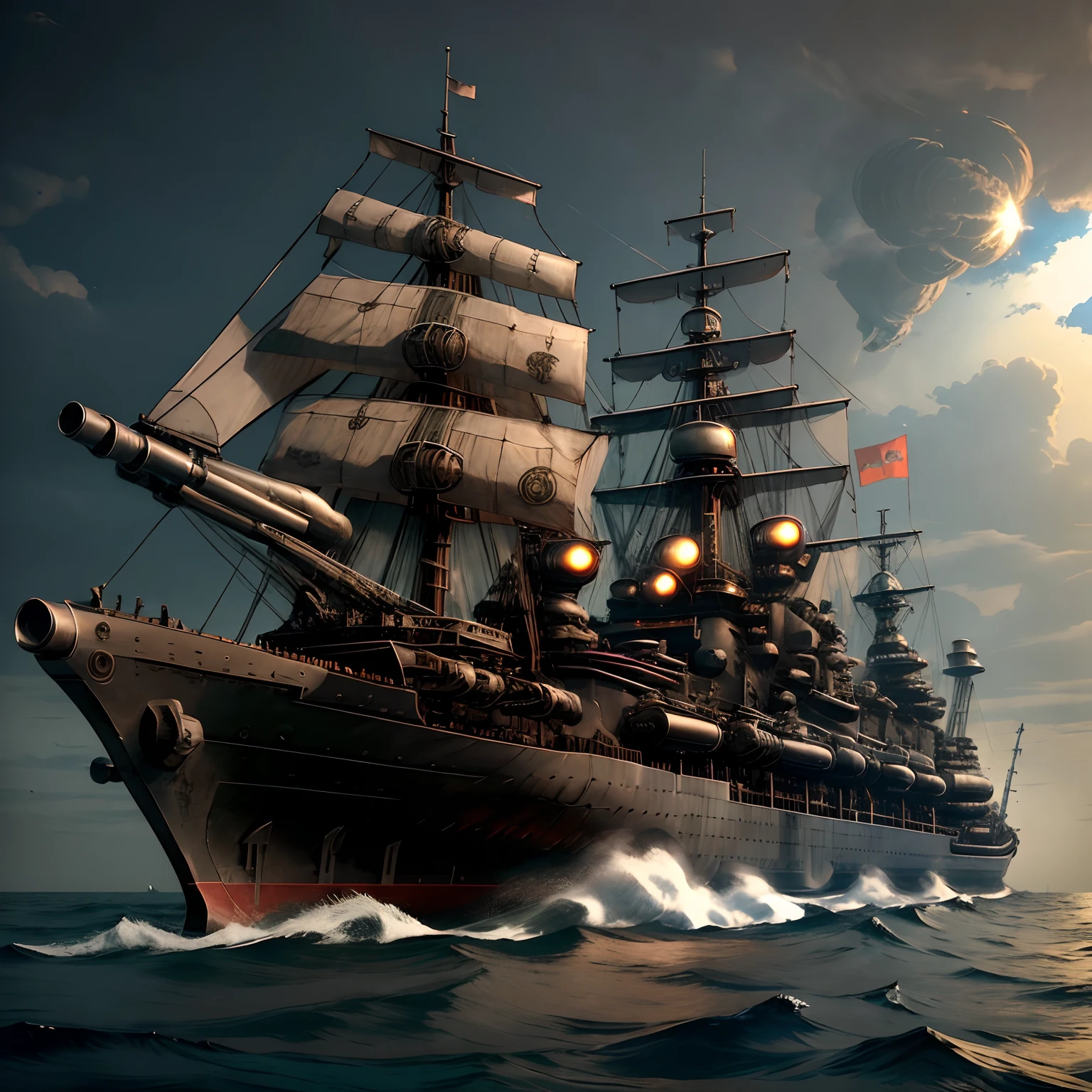 Model
DreamShaper,Dieselpunk REDONE , A huge gray warship stands in the sea , His artillery guns are visible on board the ship , Front light.