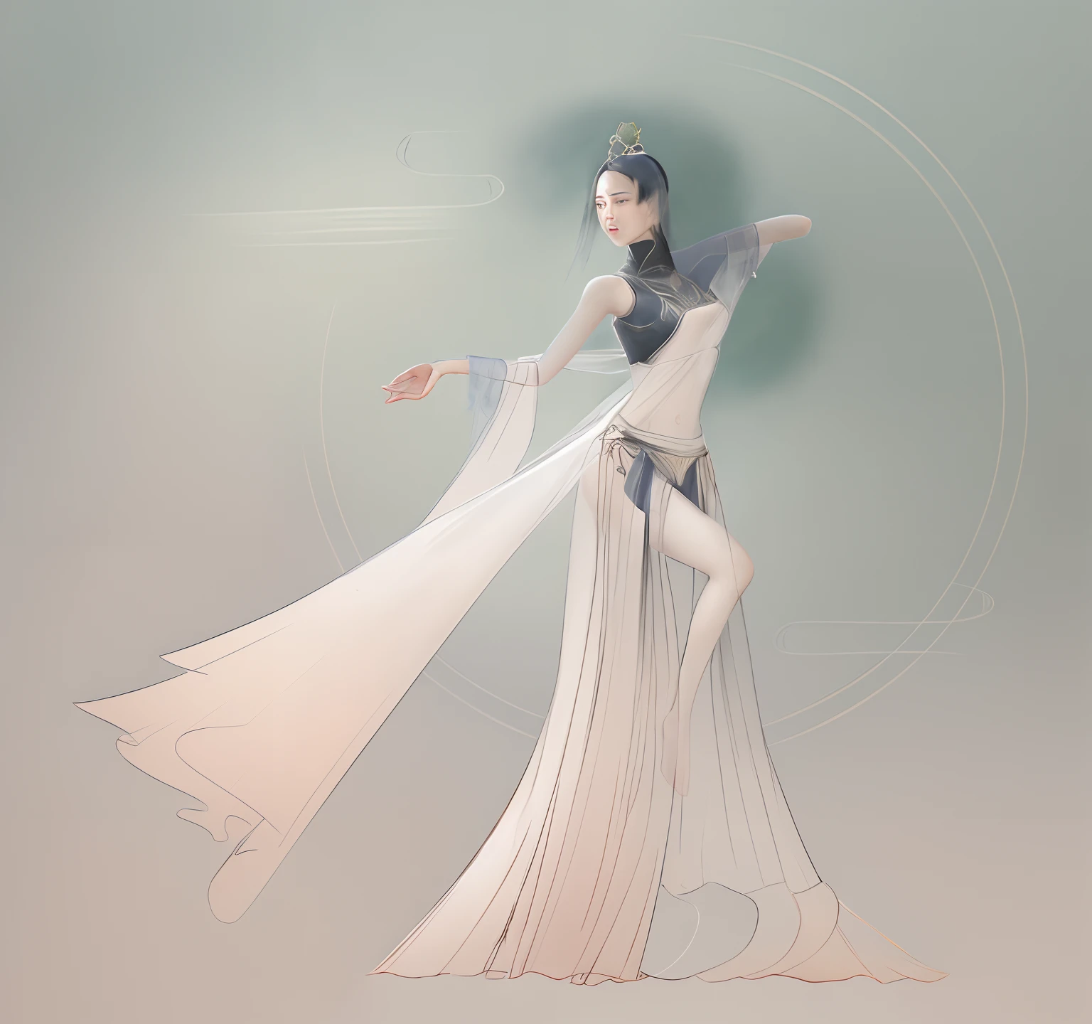 a drawing of a girl standing on a Lotus shaped lamp support wearing vail, dynamic perspective pose, there is space around the figure, dynamic pose perspective, dynamic pose and perspective, clean outlines, smooth drawing, holding a pudica pose, very artistic pose, watercolor, watercolor digital painting, peaceful face, a beautiful artwork illustration, digital watercolor painting, digital watercolor, tall thin beautiful, digital watercolor painting, digital watercolor, chinese girl, traditional chinese girl, correct face, beautiful face, long veiling, wearing long veil, faded background, queen of the moon, Lotus under, beautiful background, correct anatomy, nsfw, perfect art, perfect digital drawing, beauti eyes, eyes details (look at viewer), soft light, nice art, details, wear long vail, Lotus below