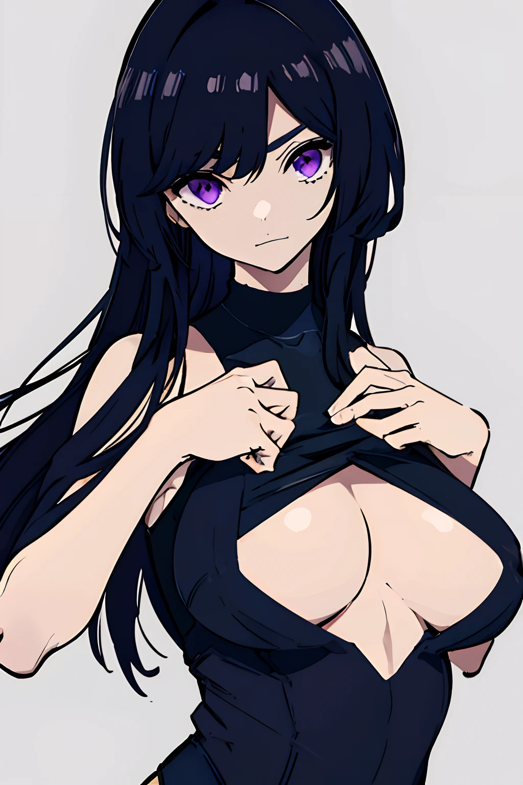 Illustration, UHD, retina, masterpiece, accurate, anatomically correct, super detail, high details, high quality, award winning, best quality, highres, good anatomy, 1080P, HD, 4K, 8k, 16k, 1girl, dynamic pose, androgynous,upper body potrait, detailed eyes, detailed clothes, detailed hair, rendering, 5 fingers, potrait, Aidalro, cute waifu, long black hair, purple eyes, long locks, chopped bangs, wearing a black sleeveless turtle neck, small breast